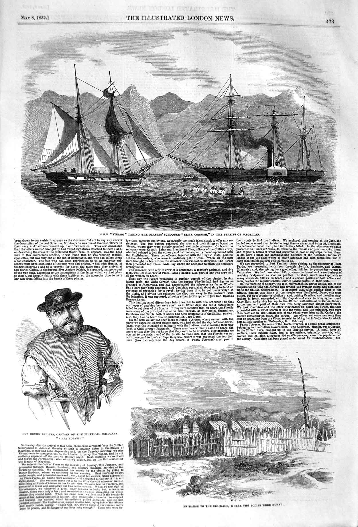 Old Antique Print 1852 Ship Virago Pirates Schooner Eliza Cornish Briones 19th