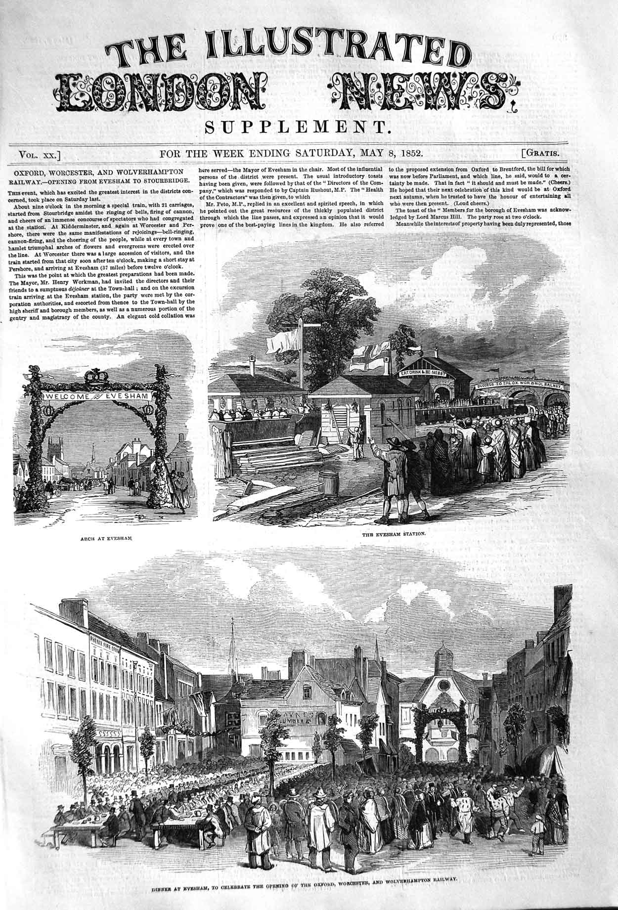 Original Old Antique Print 1852 Arch Evesham Railway Station Worcester Victorian