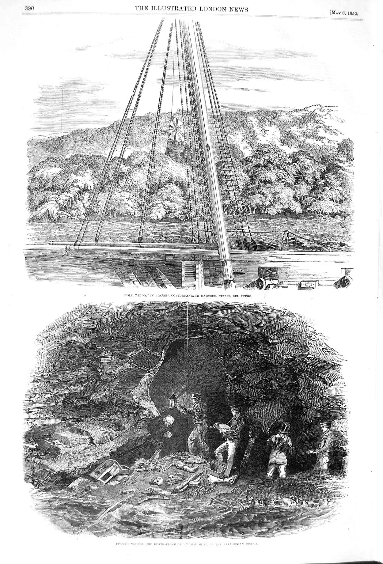 Old Antique Print 1852 Ship H.M.S. Dido Harbour Tierra Del Fuego Maidment 19th