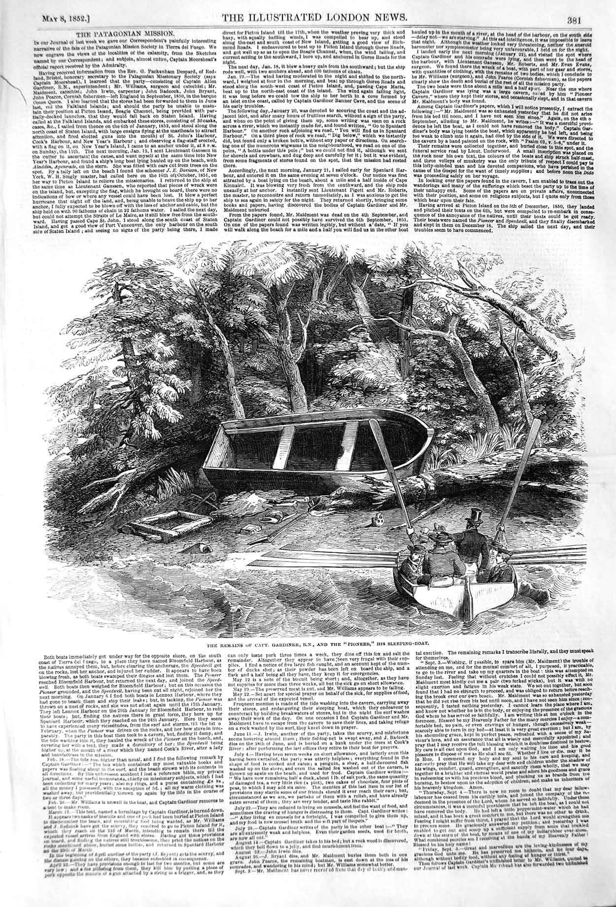Antique Old Print *3171 1852 Remains Captain Gardiner Pioneer Sleeping Boat