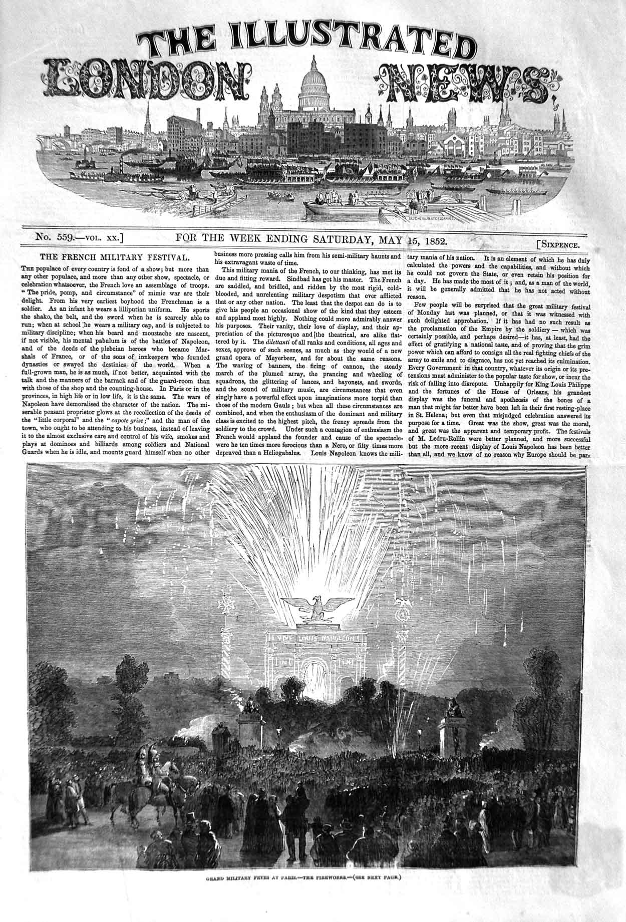 Original Old Antique Print 1852 Grand Military Fetes Paris France Fireworks
