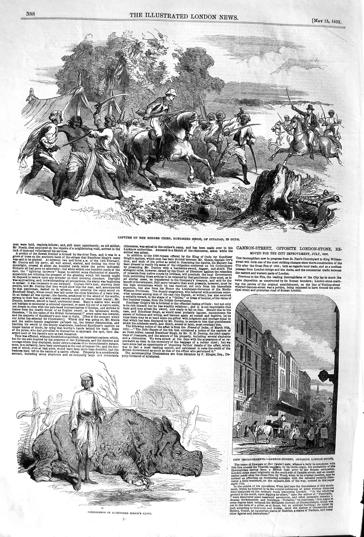 Original Old Antique Print 1852 Robber Chief Rundheer Singh Oude Rhinocerous