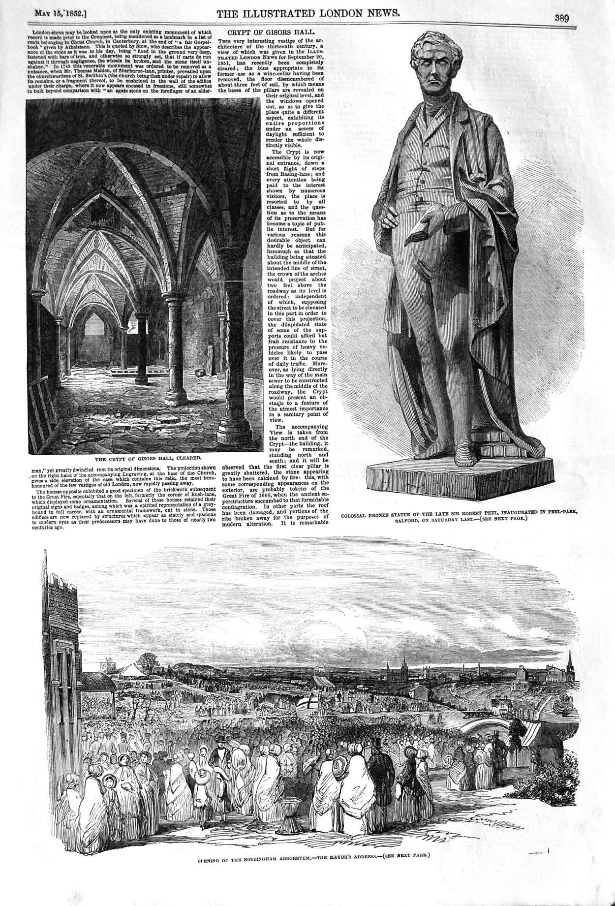 Original Old Antique Print 1852 Crypt Gisors Hall Statue Robert Peel Ar 19th