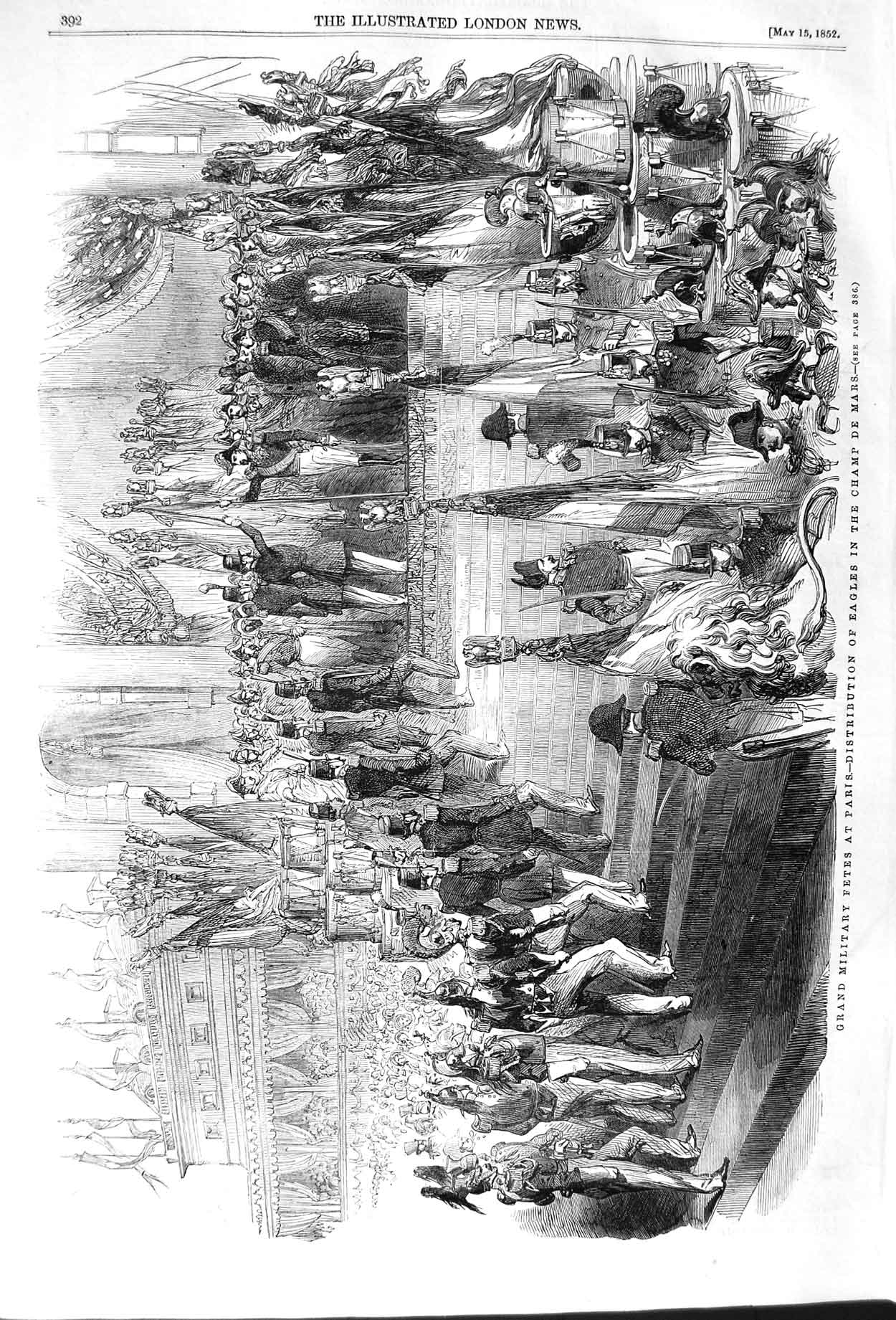 Original Old Antique Print 1852 Grand Military Fetes Paris Eagles Champ De Mars
