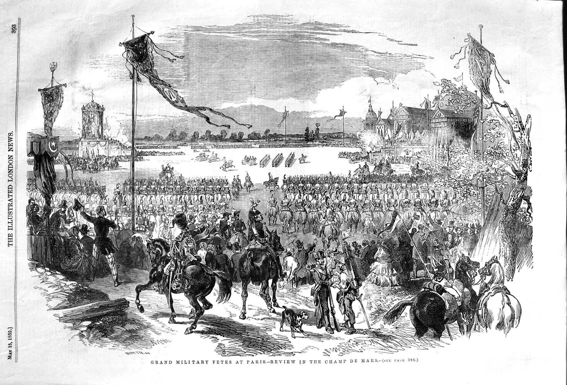 Original Old Antique Print 1852 Grand Military Fetes Paris Champ De Mars France