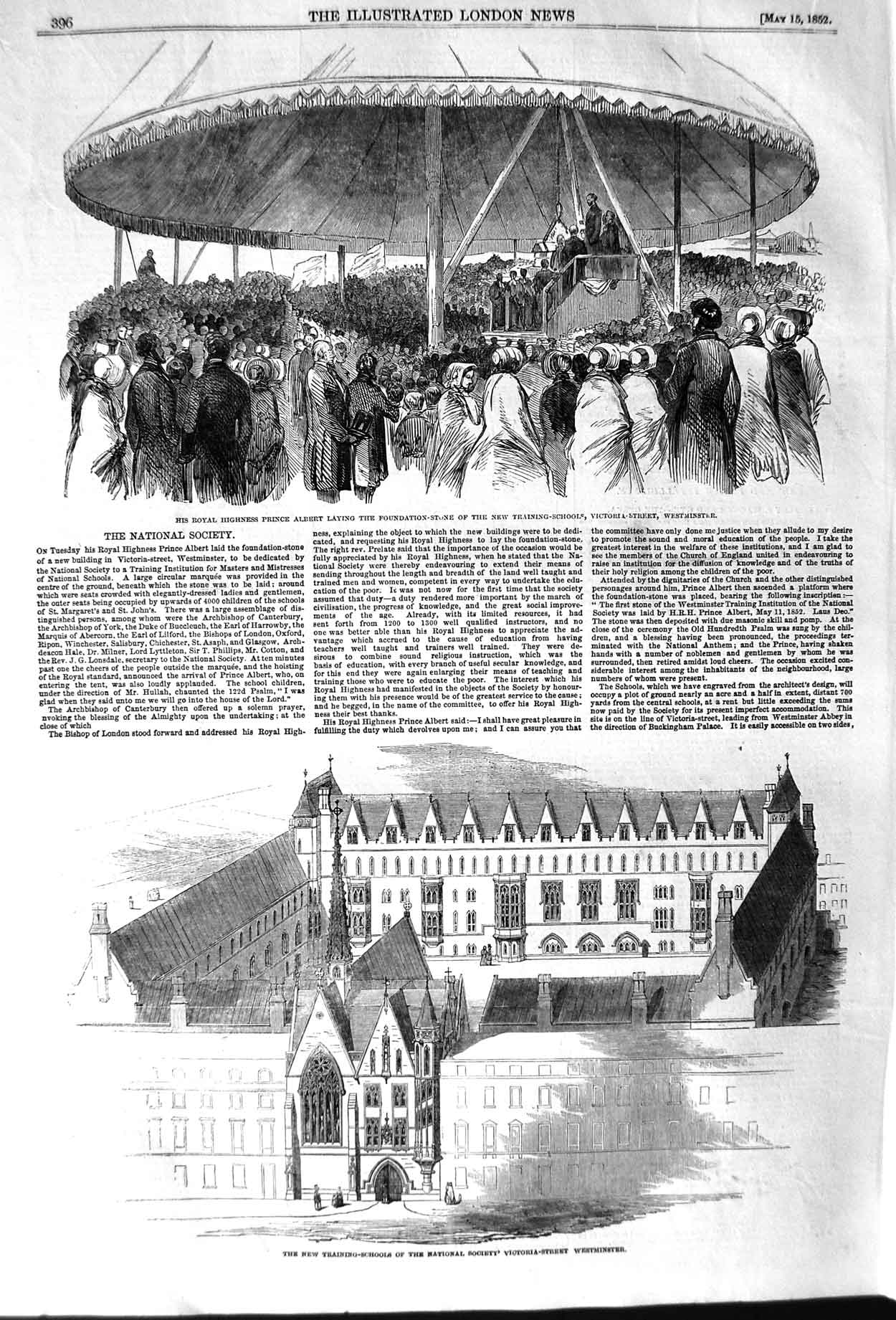 Old Antique Print 1852 Training School Victoria Westminster Prince Albert 19th