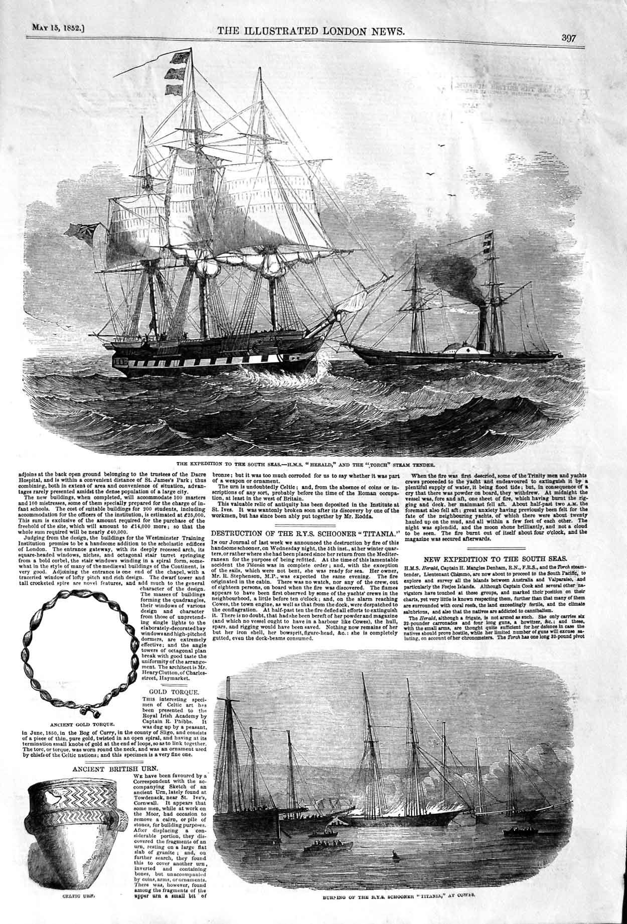 Old Antique Print 1852 South Seas Ship Herald Torch Titania Schooner Urn 19th