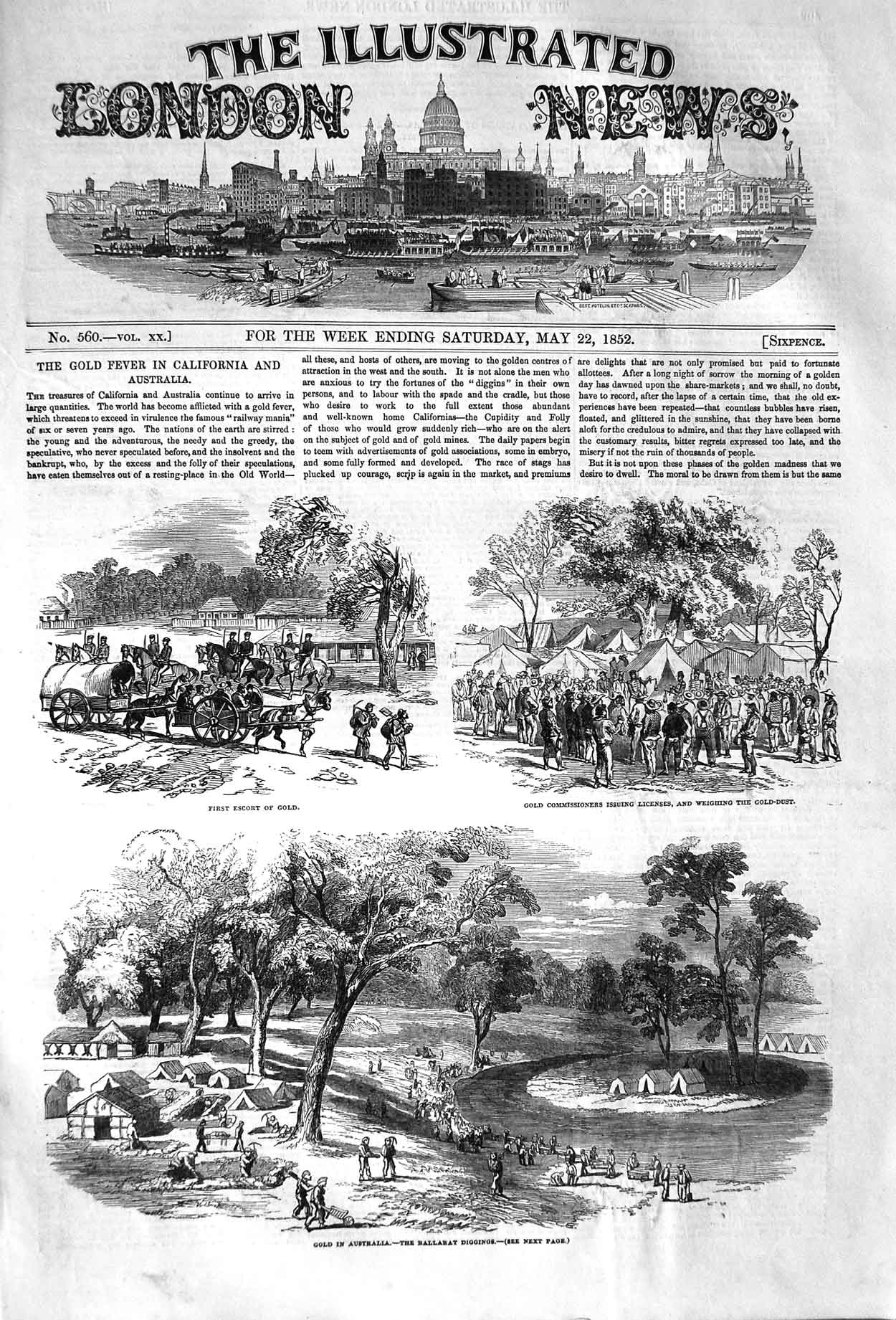 Original Old Antique Print 1852 GMining California Australia Ballarat D 19th