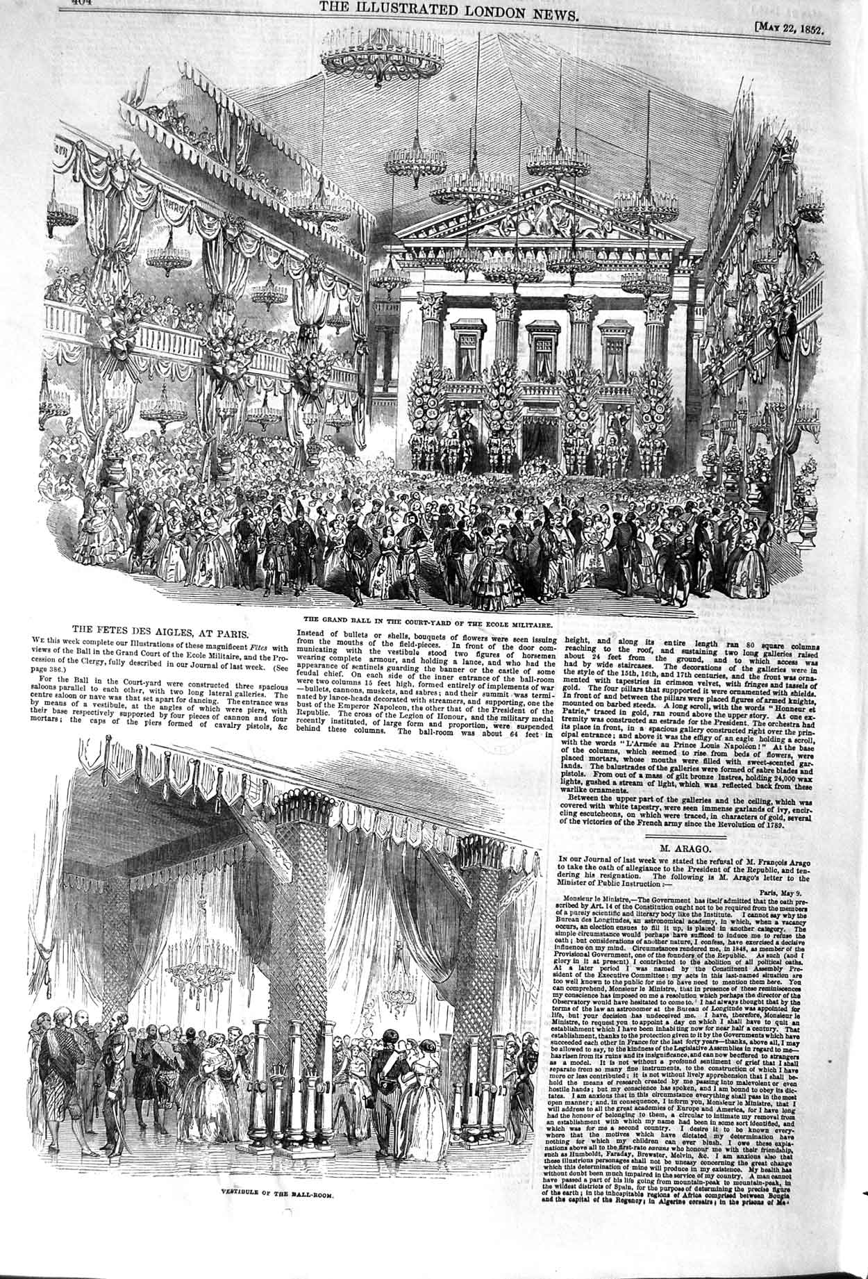 Old Antique Print 1852 Ball Court Yard Ecole Militaire Paris Fetes Aigles 19th