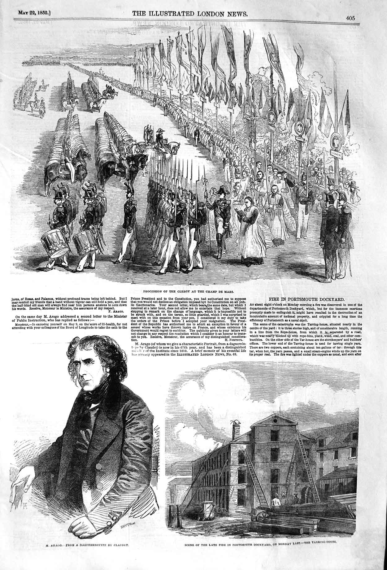 Original Old Antique Print 1852 Clergy Champ De Mars Arago Tarring Portsmouth