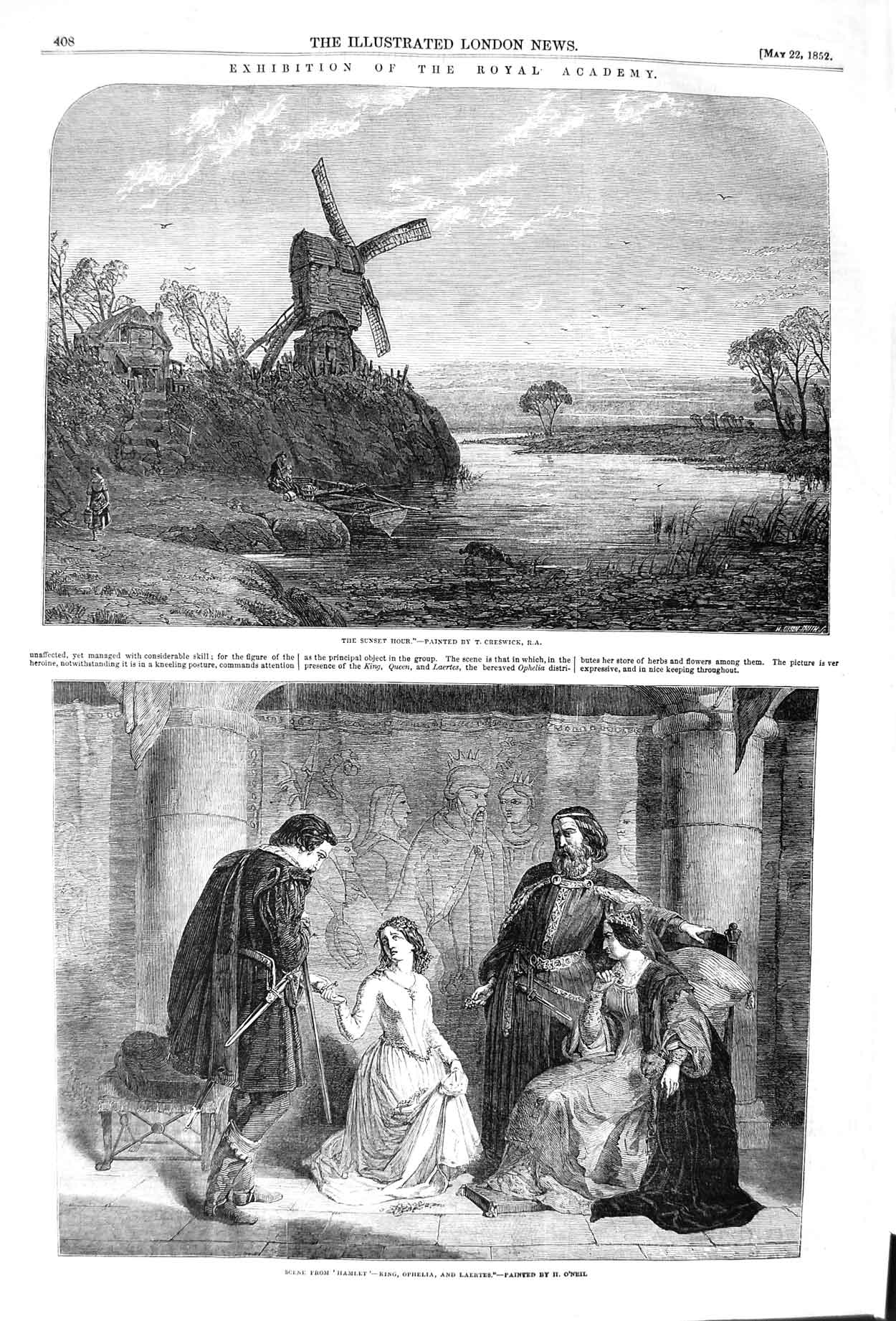 Original Old Antique Print 1852 Windmill Sunset Hamlet King Ophelia Laertes Art