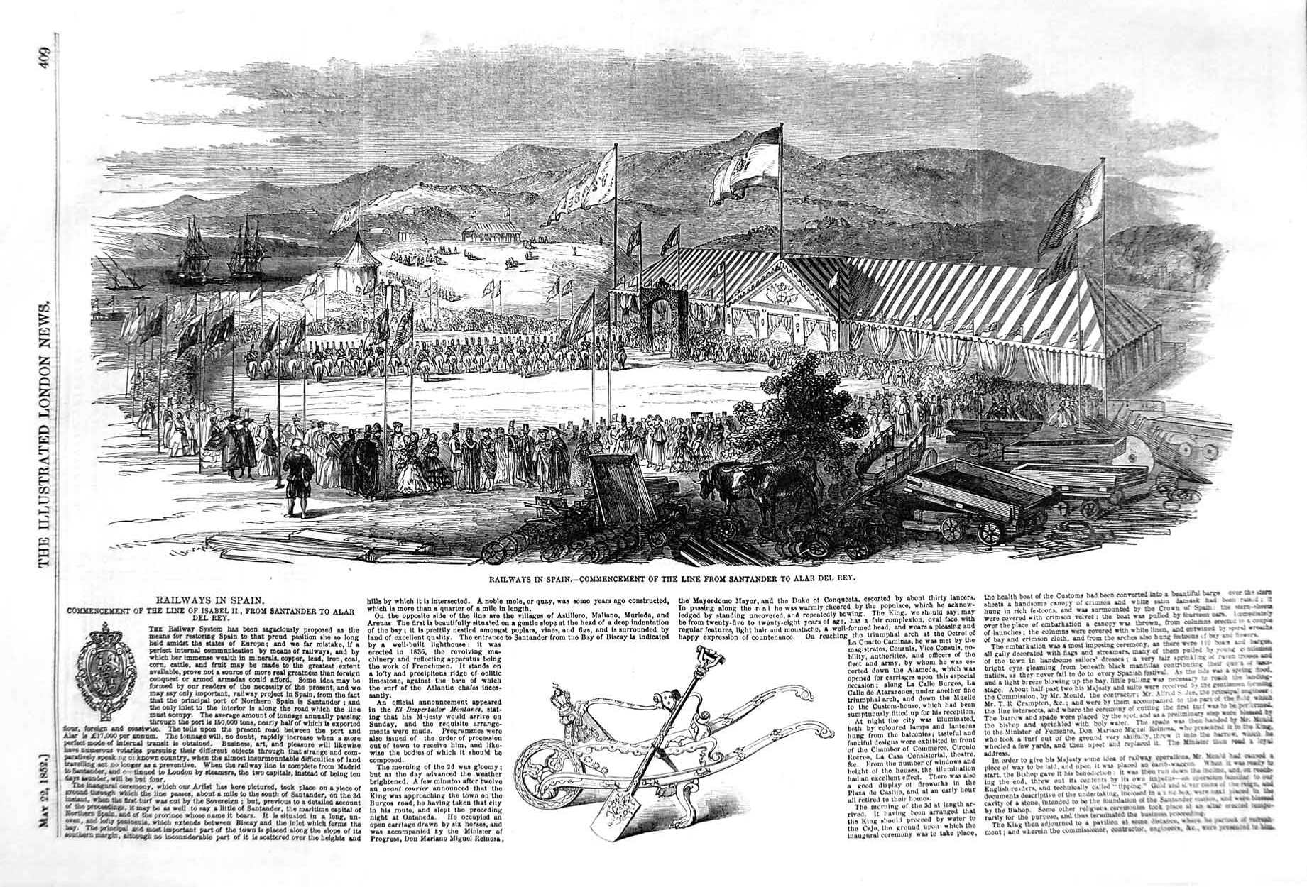 Original Old Antique Print 1852 Railway Spain Santander Alar Del Rey Ship 19th
