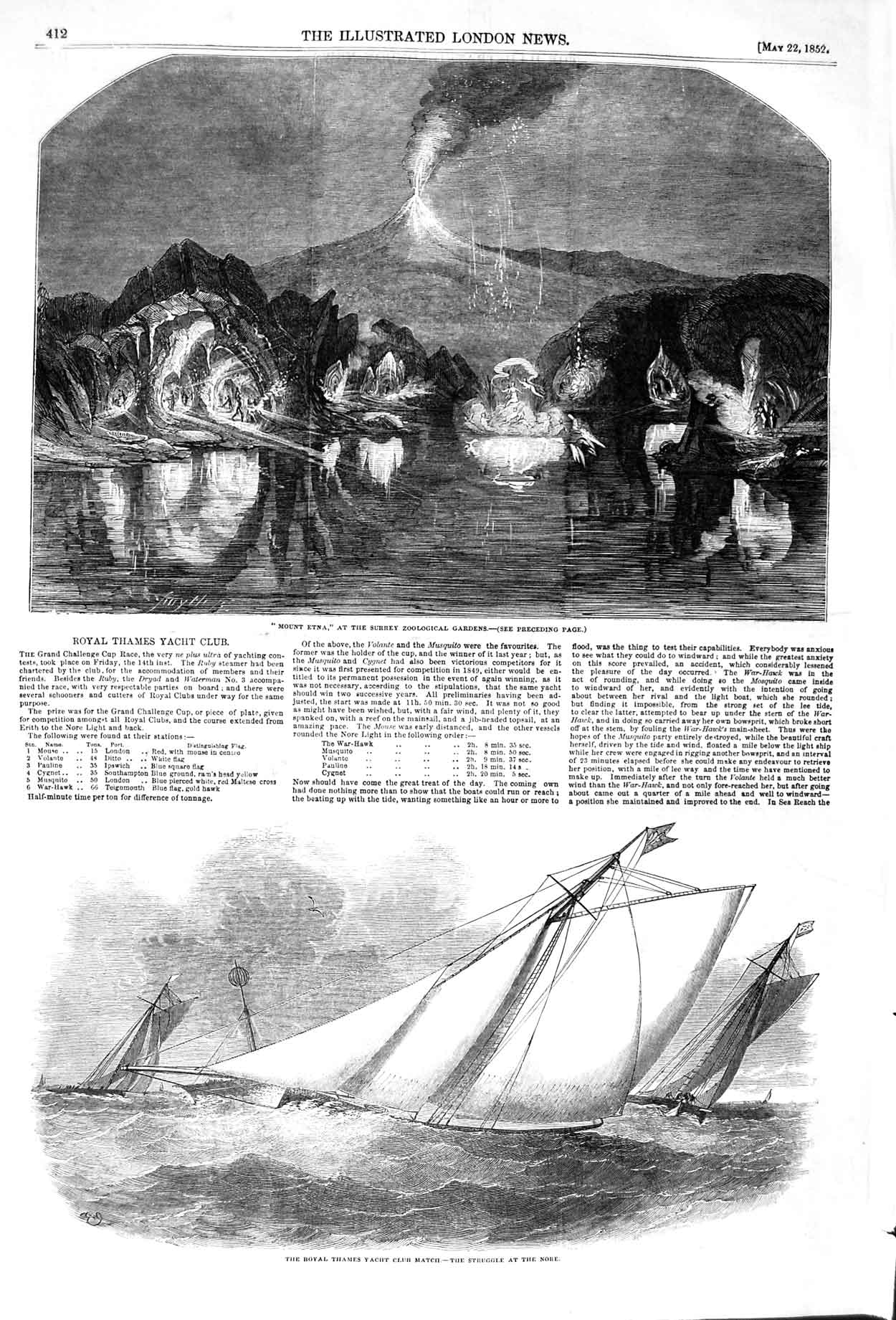 Original Old Antique Print 1852 Mount Etna Royal Thames Yacht Club Nore Sport