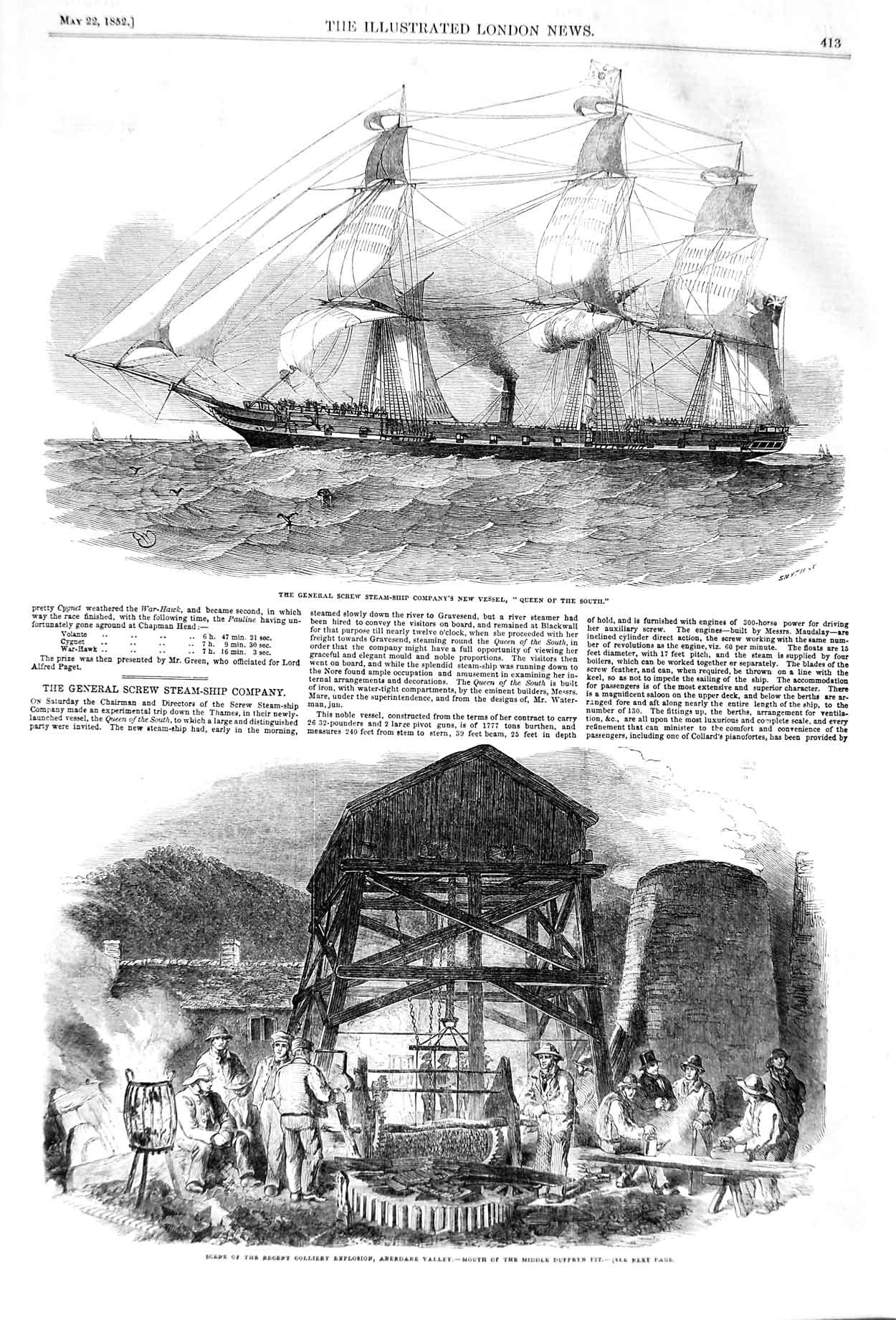 Original Old Antique Print 1852 Screw Ship Queen South Aberdale Valley Pit 19th