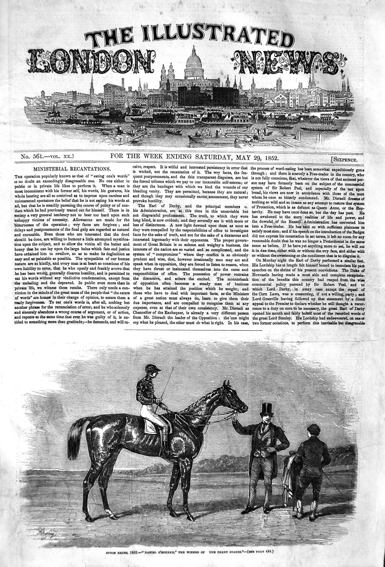 Original Old Antique Print 1852 Epsom Horse Races Daniel O'Rourke Derby Stakes