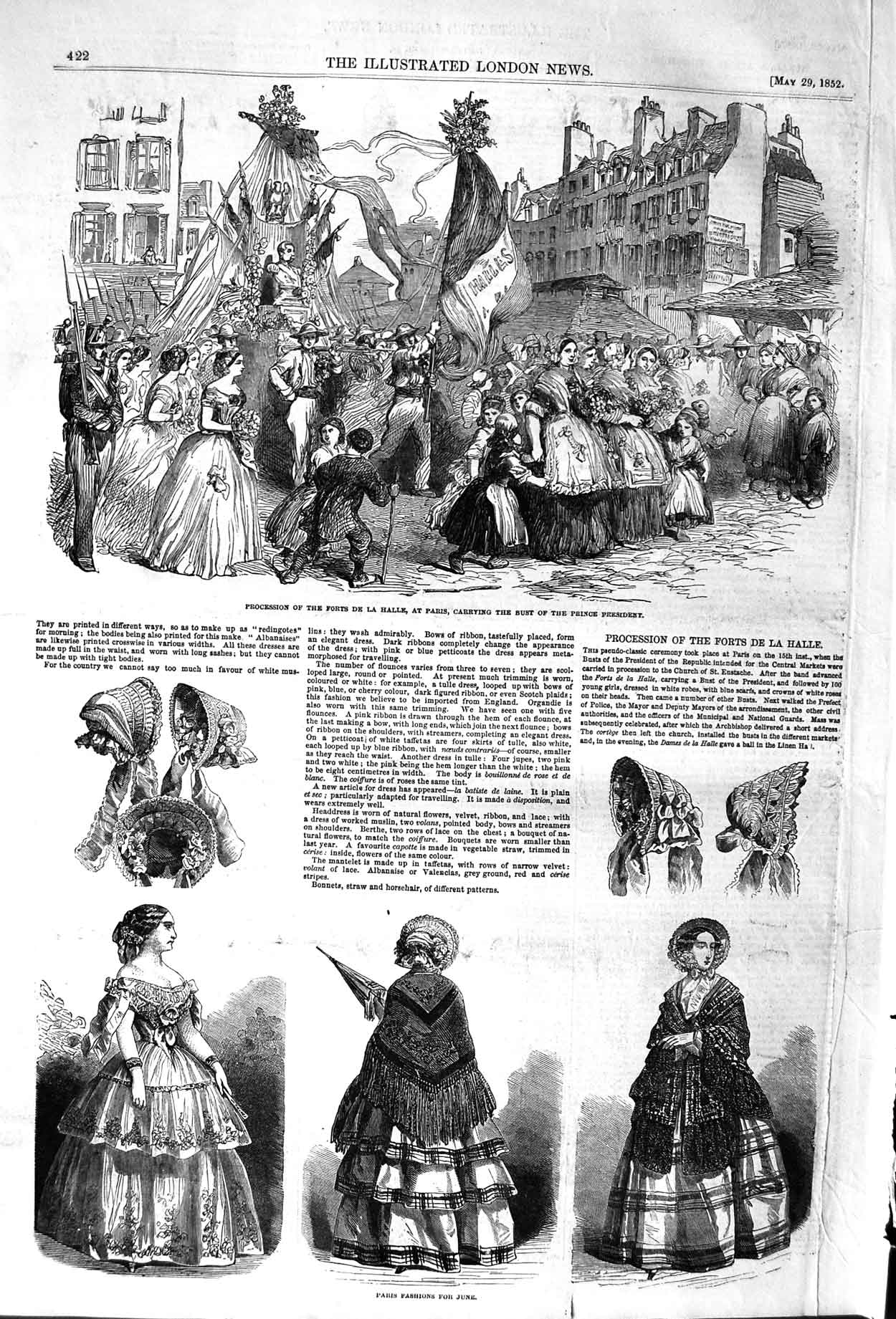 Old Antique Print 1852 Procession Fort Halle Paris Bust President Fashion 19th