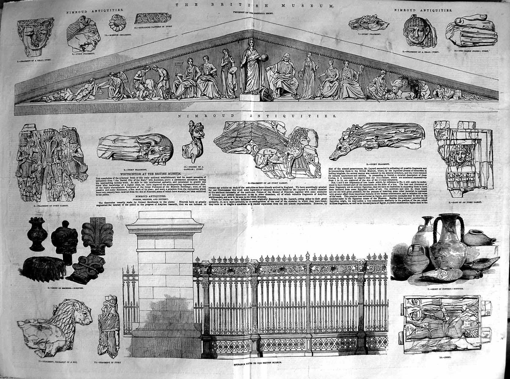 Original Old Antique Print 1852 British Museum Nimroud Antiquities Potter 19th