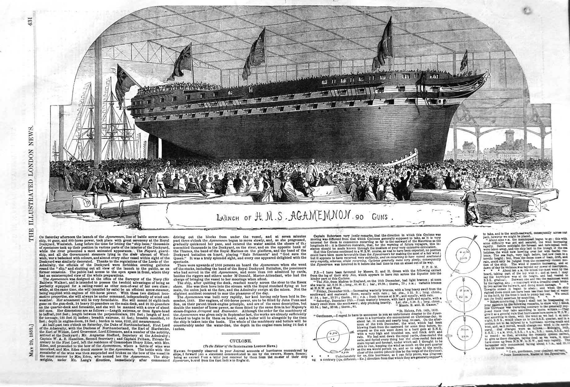 Original Old Antique Print 1852 Launch War Ship H.M.S Agamemnon 90 Guns 19th