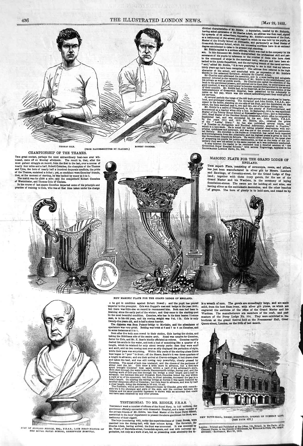 Old Antique Print 1852 Cole Coombes Edward Riddle Masonic Plate Town Hall 19th