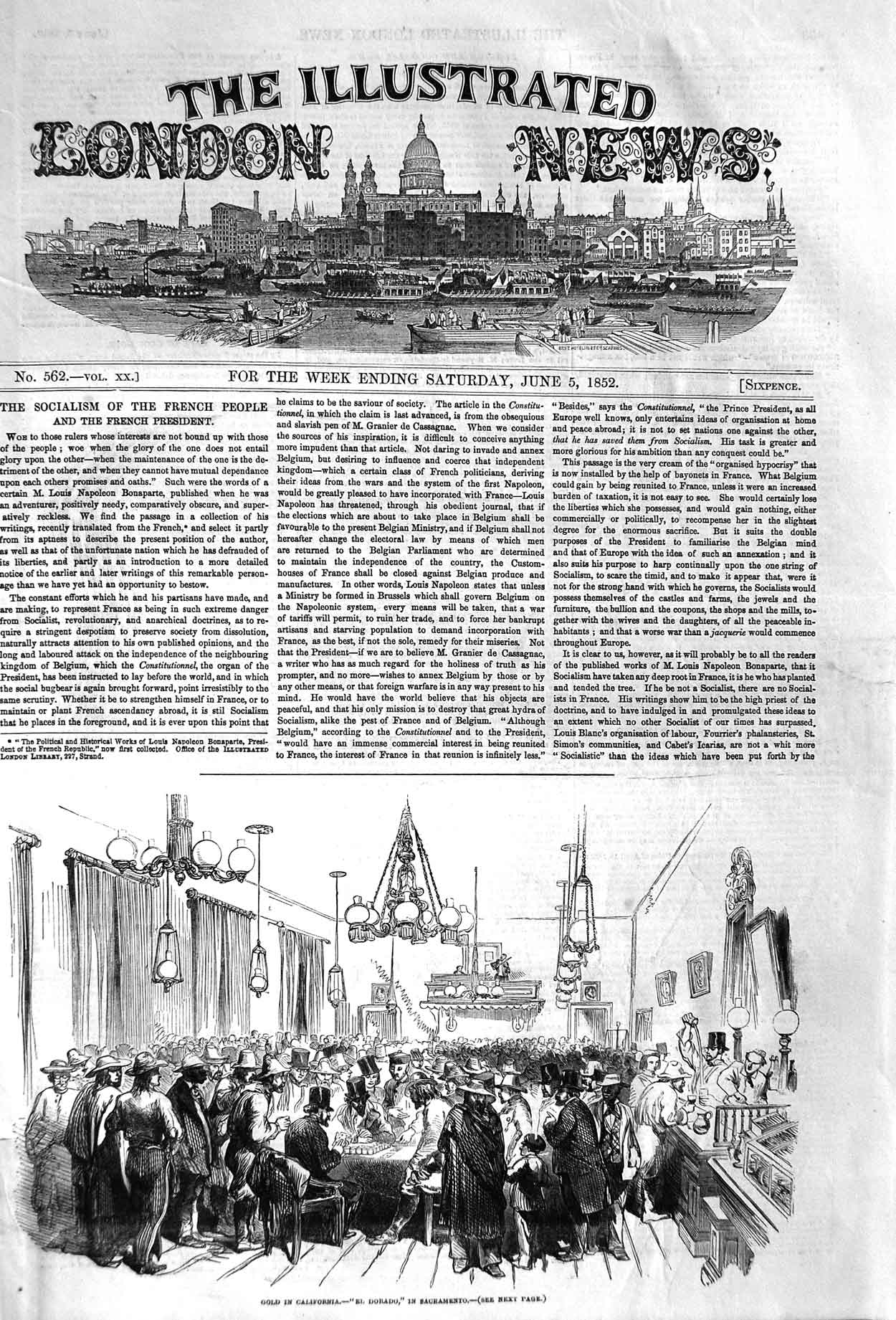 Original Old Antique Print 1852 GMining California El Dorado Sac 19th