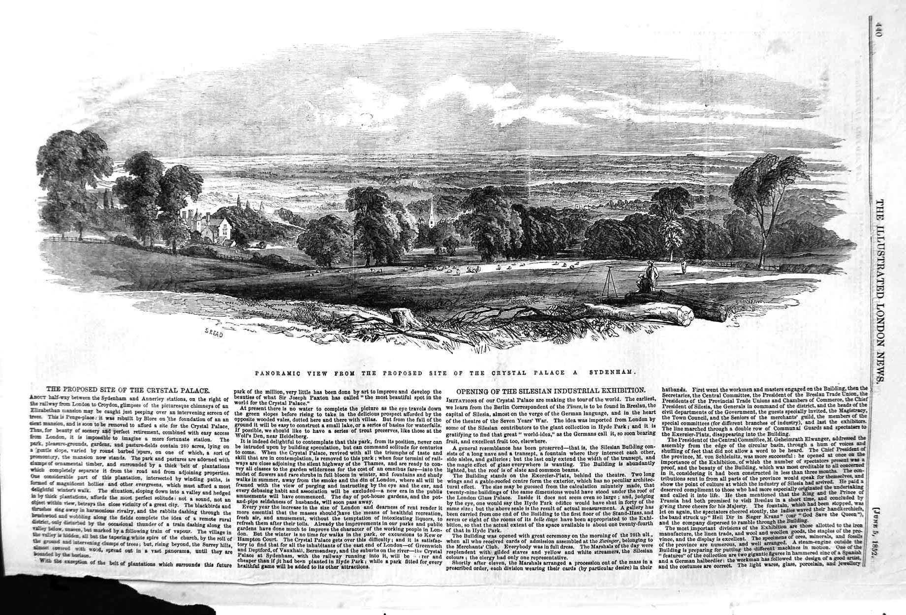 Original Old Antique Print 1852 Panoramic View Site Crystal Palace Sydenham