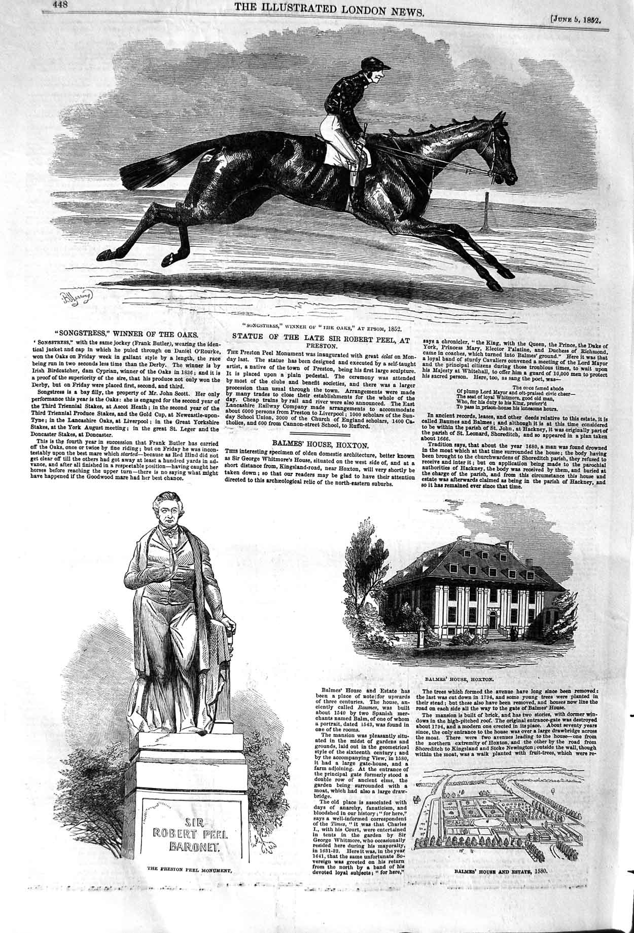 Original Old Antique Print 1852 Songstress Horse Oaks Epsom Preston Peel Balmes