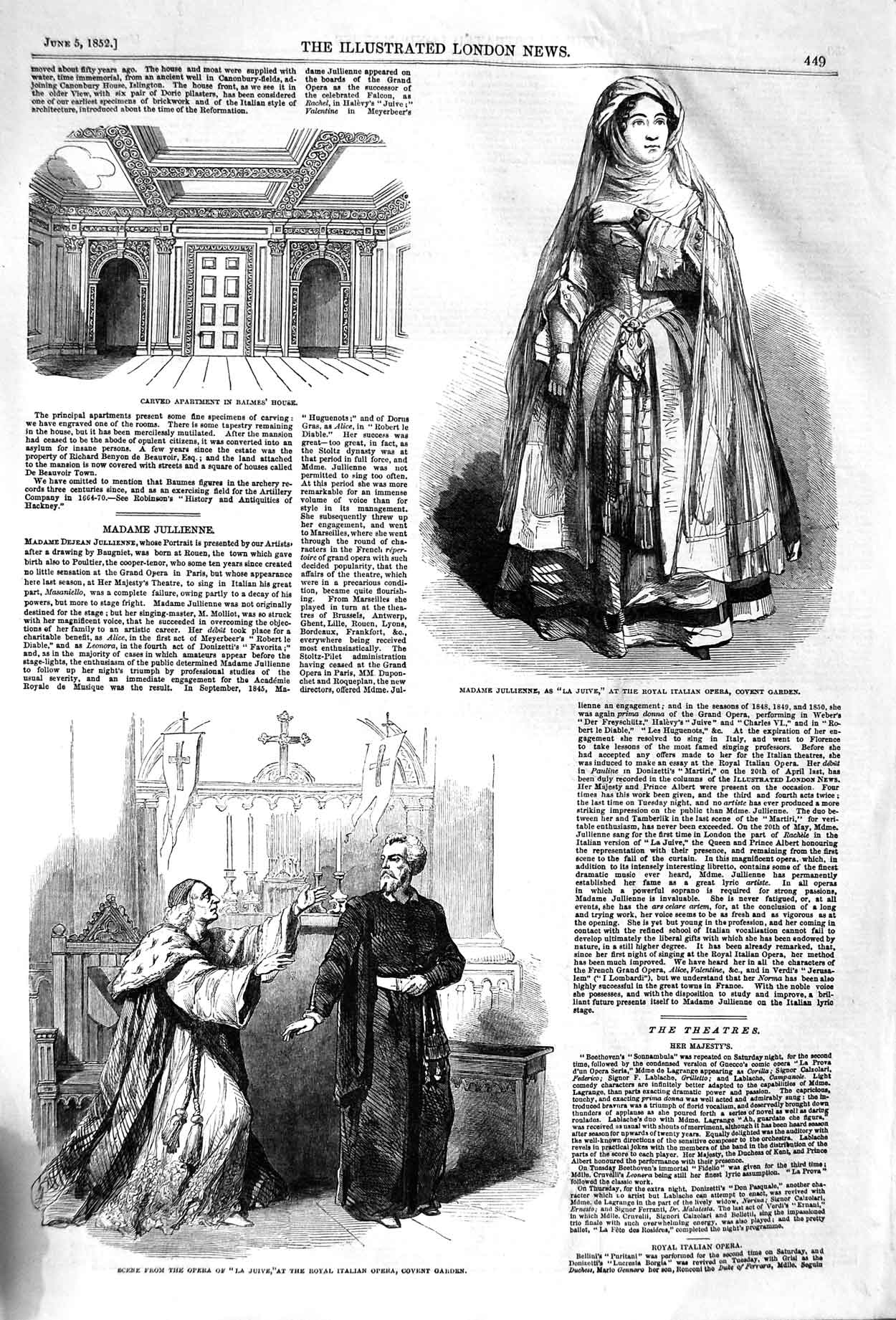 Original Old Antique Print 1852 Madame Jullienne Covent Garden Opera Balme 19th