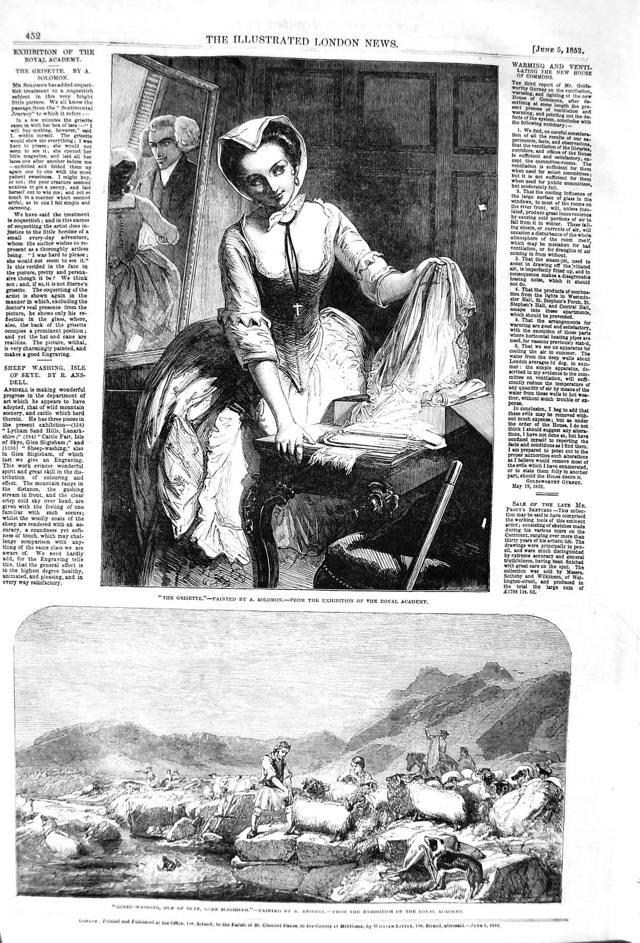 Original Old Antique Print 1852 Sheep Washing Isls Skye Grisette Lady Romance