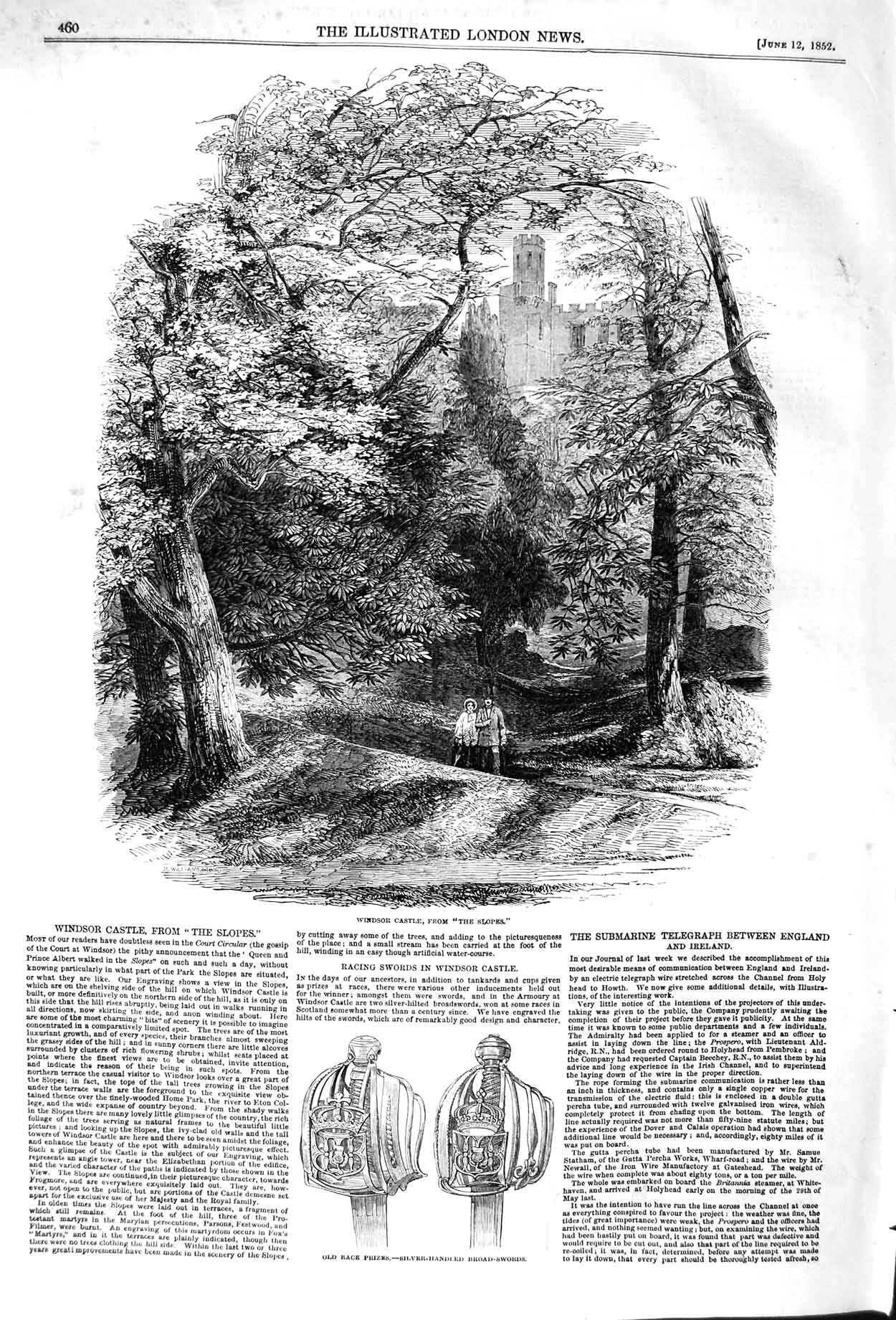 Original Old Antique Print 1852 Windsor Castle Trees Silver-Handed Broad Swords