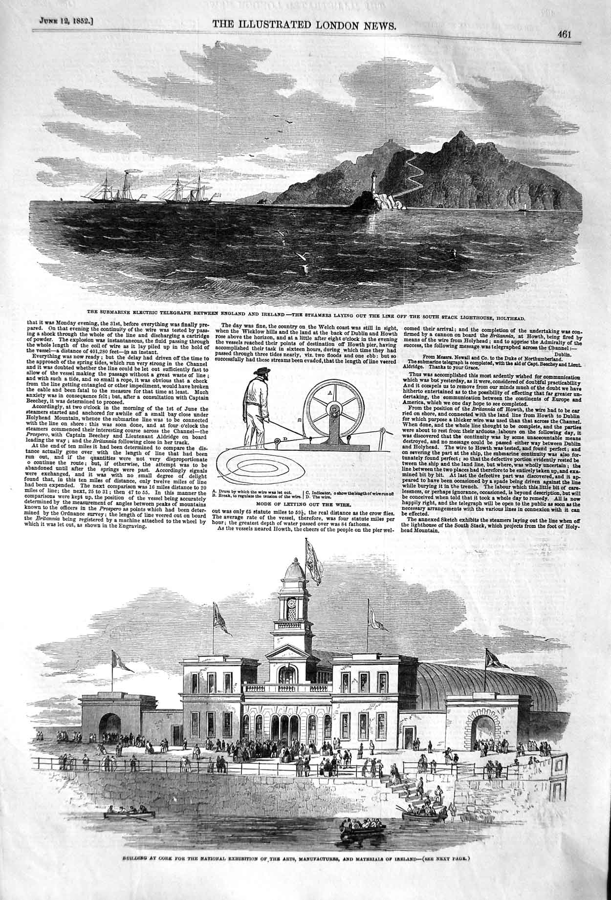 Old Antique Print 1852 Submarine Electric Telegraph Ship Ireland Art Cork 19th