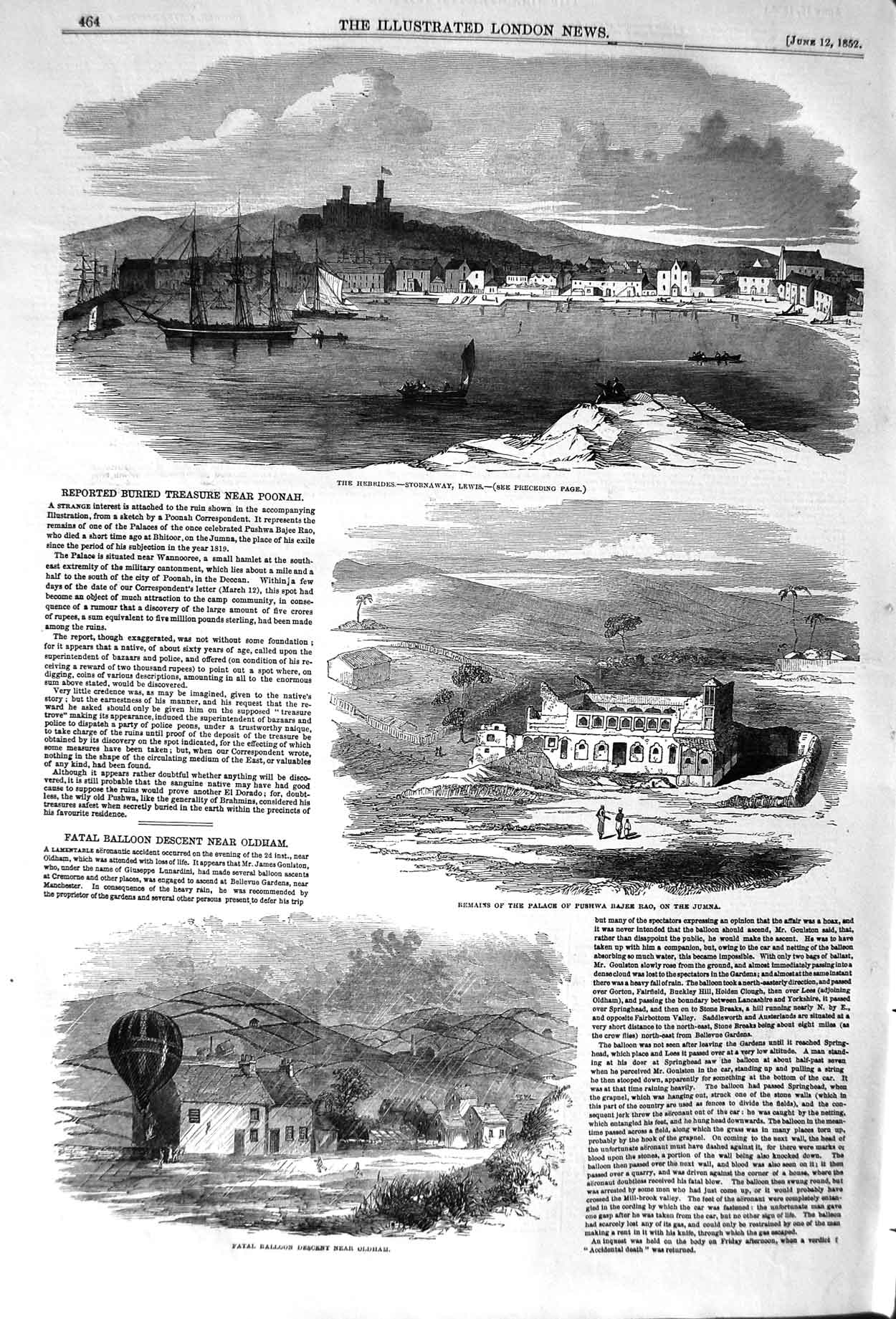 Original Old Antique Print 1852 Hebrides Stornaway Lewis Pushwa Jumna Victorian