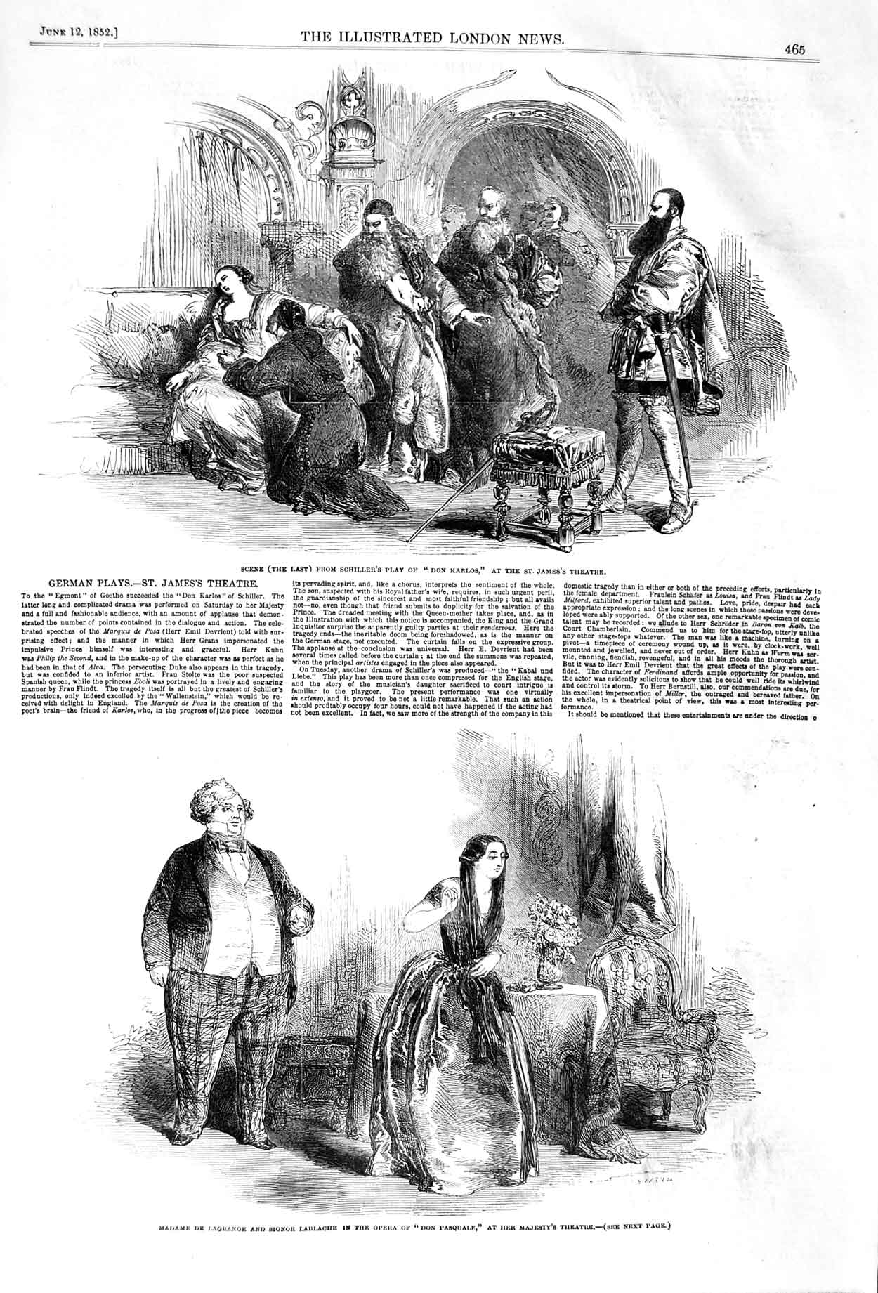 Old Antique Print 1852 Schiller Play Don Karlos James'S Theatre Pasquale 19th