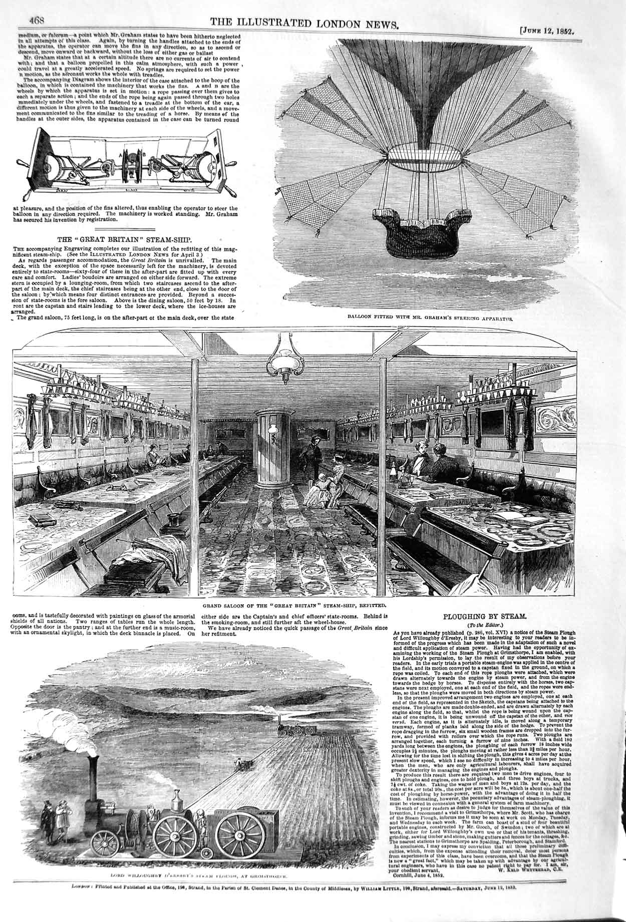 Old Antique Print 1852 Great Britain Steam Ship Balloon Graham Willoughby 19th