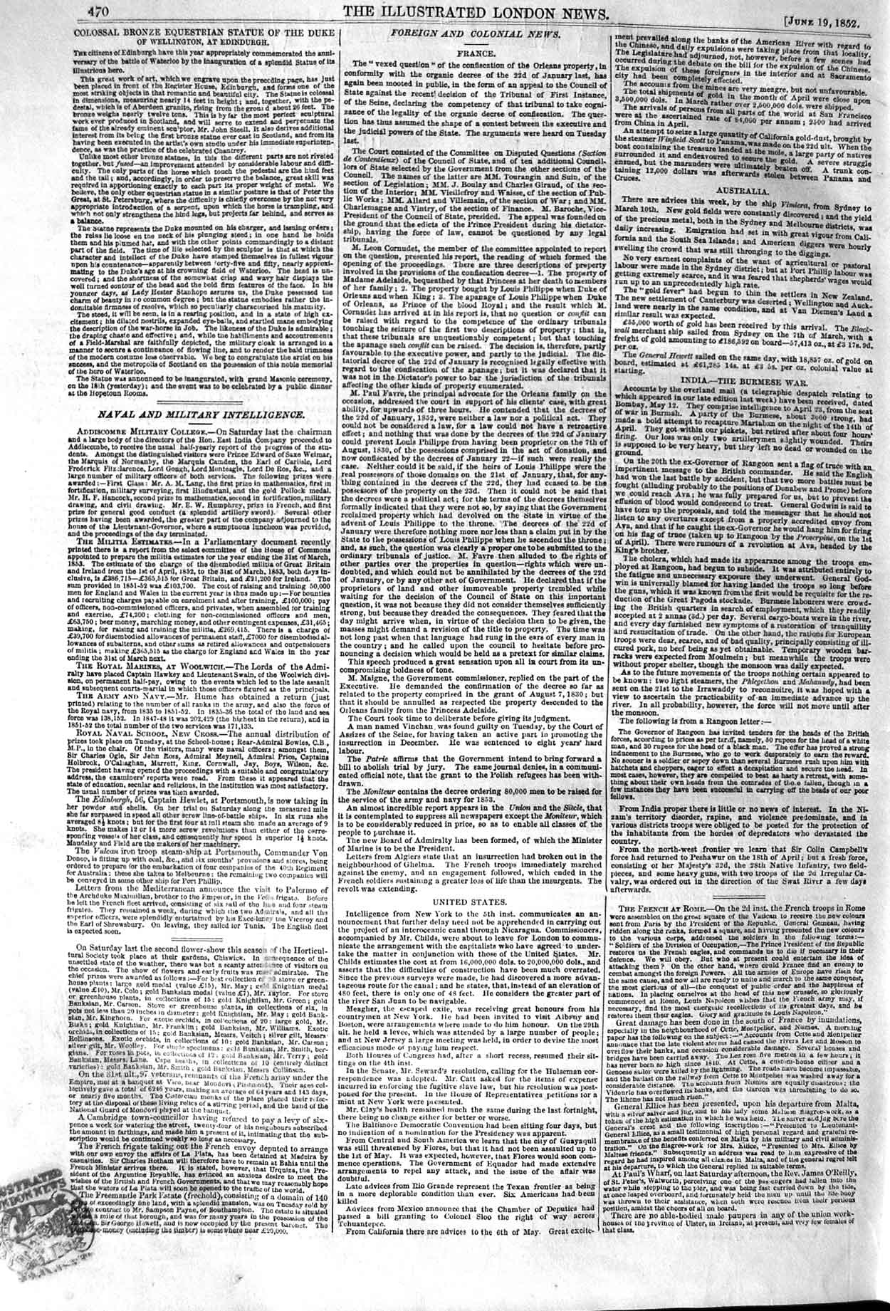 Original Old Antique Print 1852 Statue Duke Wellington Horse Edinburgh Scotland