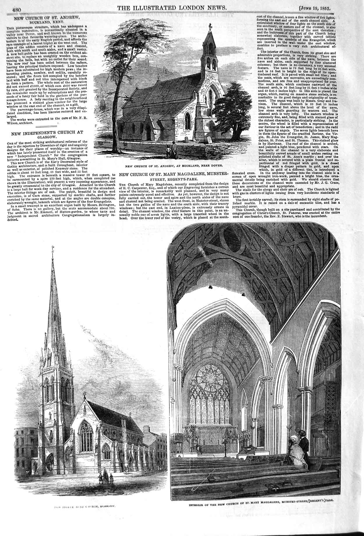 Original Old Antique Print 1852 Church Andrew Buckland Church Glasgow Magdalene