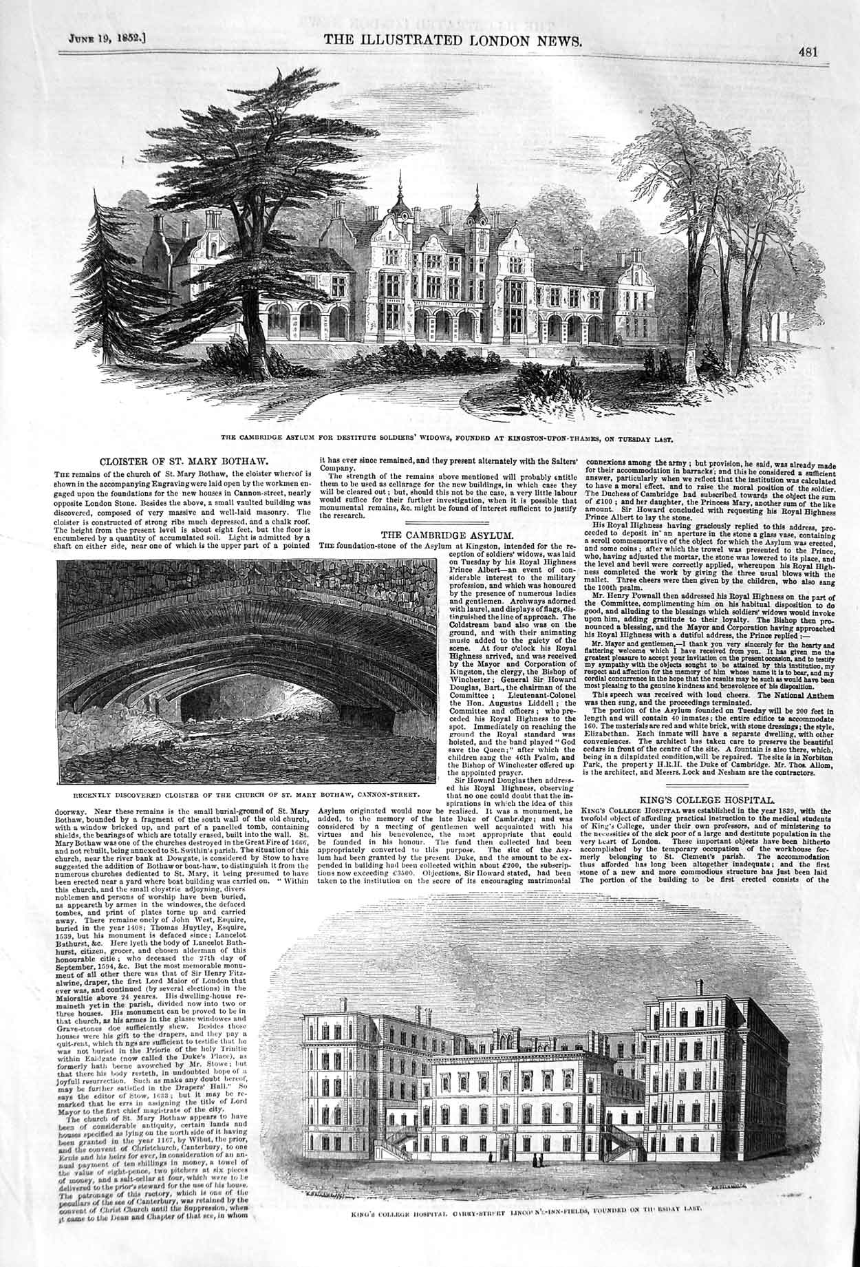 Original Old Antique Print 1852 Cambridge Asylum Siers King'S College Hospital