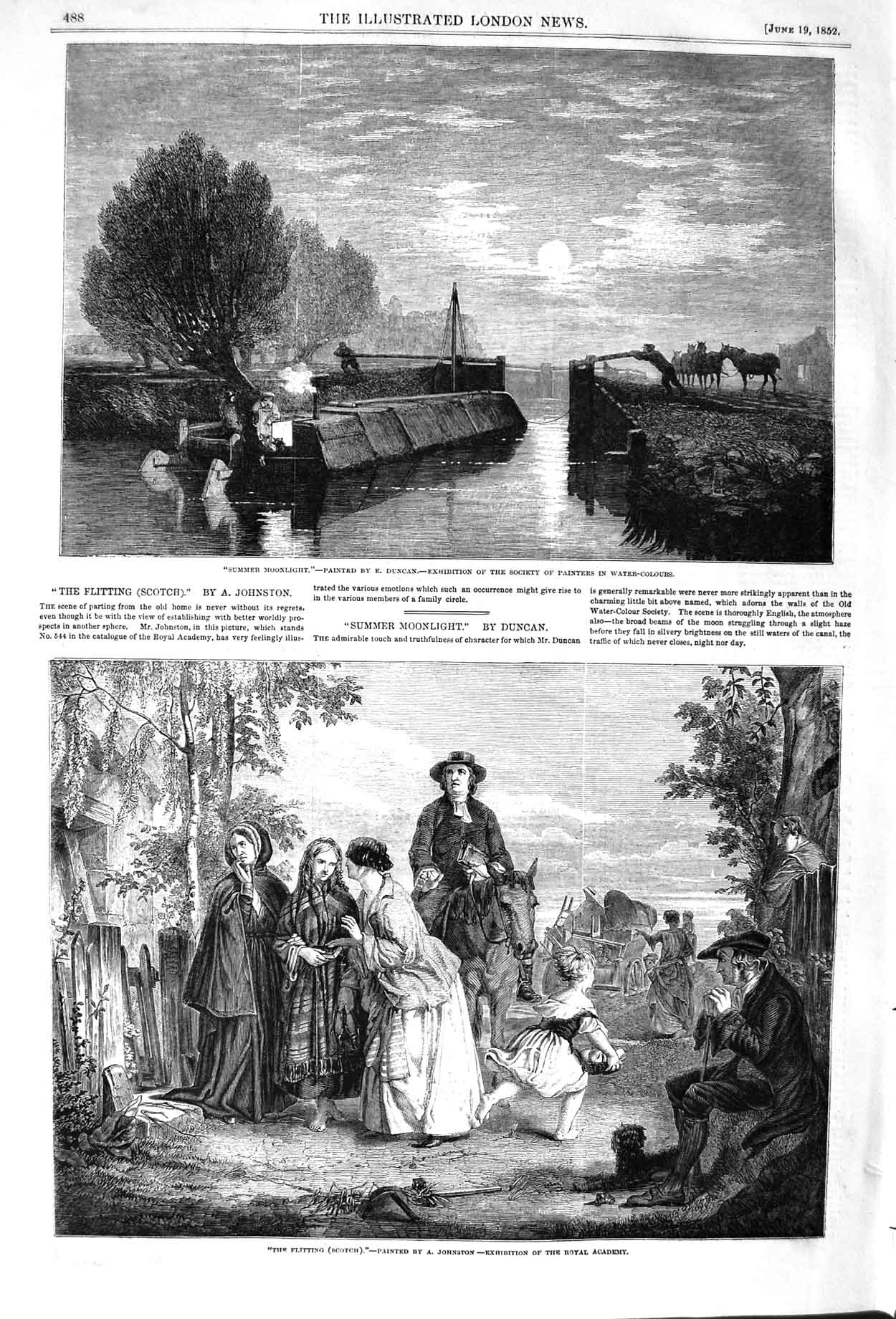 Original Old Antique Print 1852 Canal Boat Summer Moonlight Flitting Scotland
