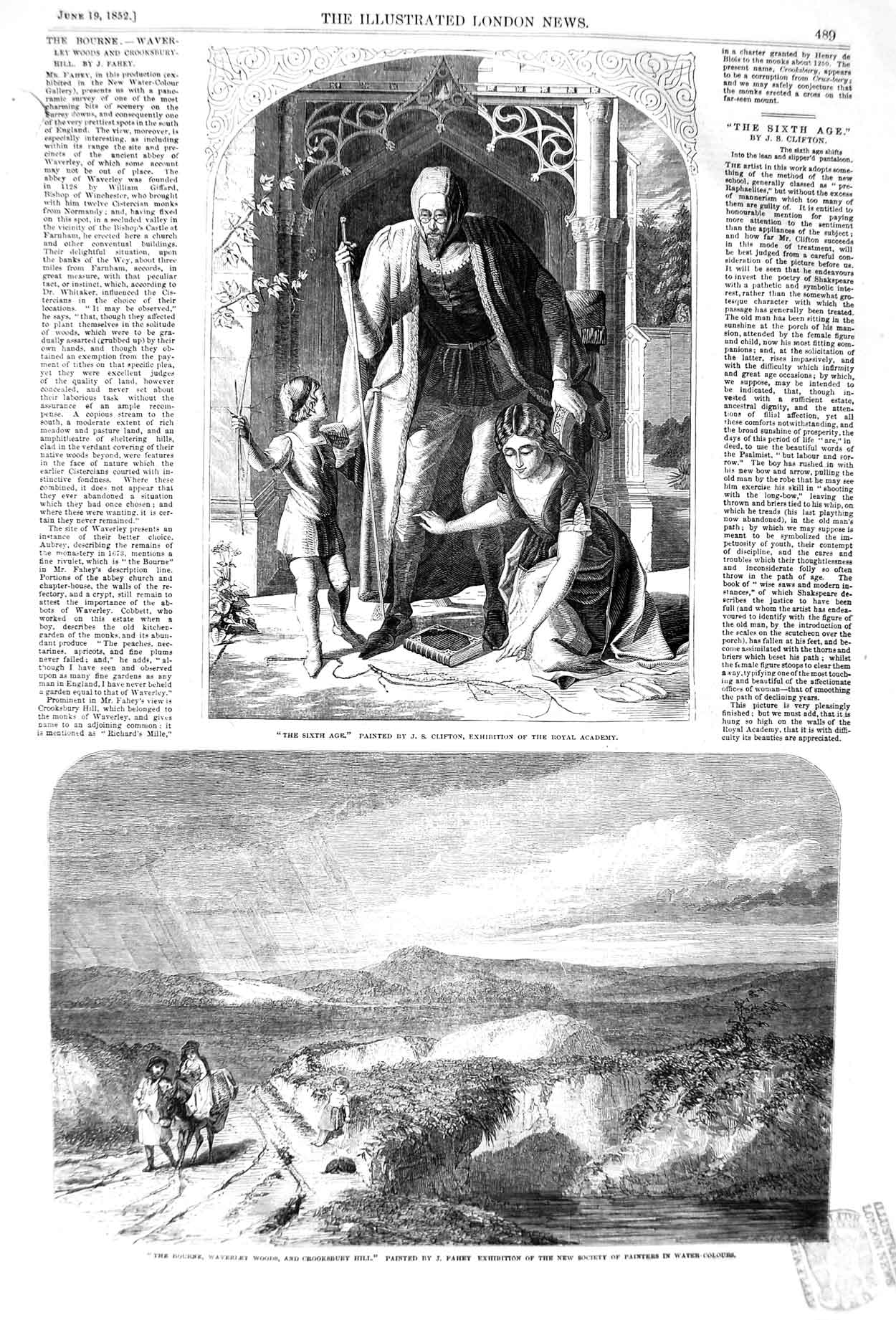 Original Old Antique Print 1852 Clifton Family Bourne Waverley Woods Crooksbury