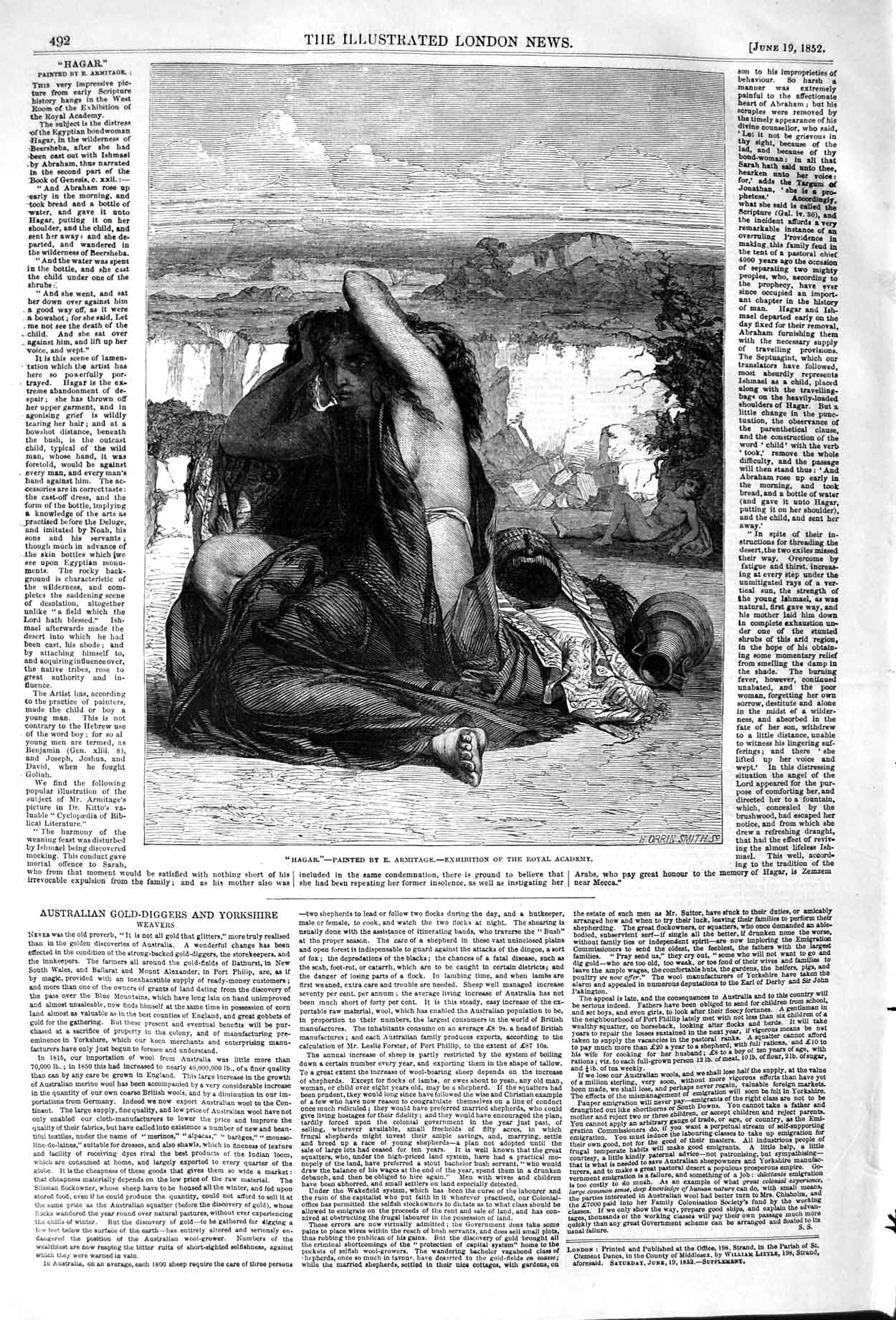 Original Old Antique Print 1852 Royal Academy Art Hagar Egyptian Bondwoman 19th