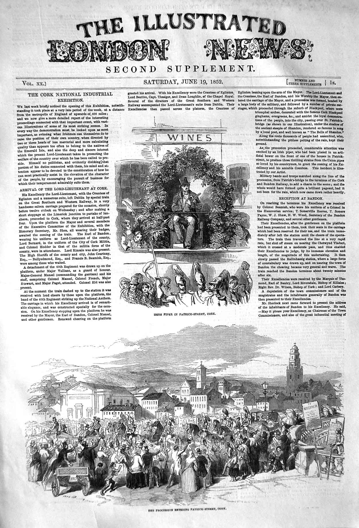 Original Old Antique Print 1852 Irish Piper Patrick Street Ireland Pro Victorian