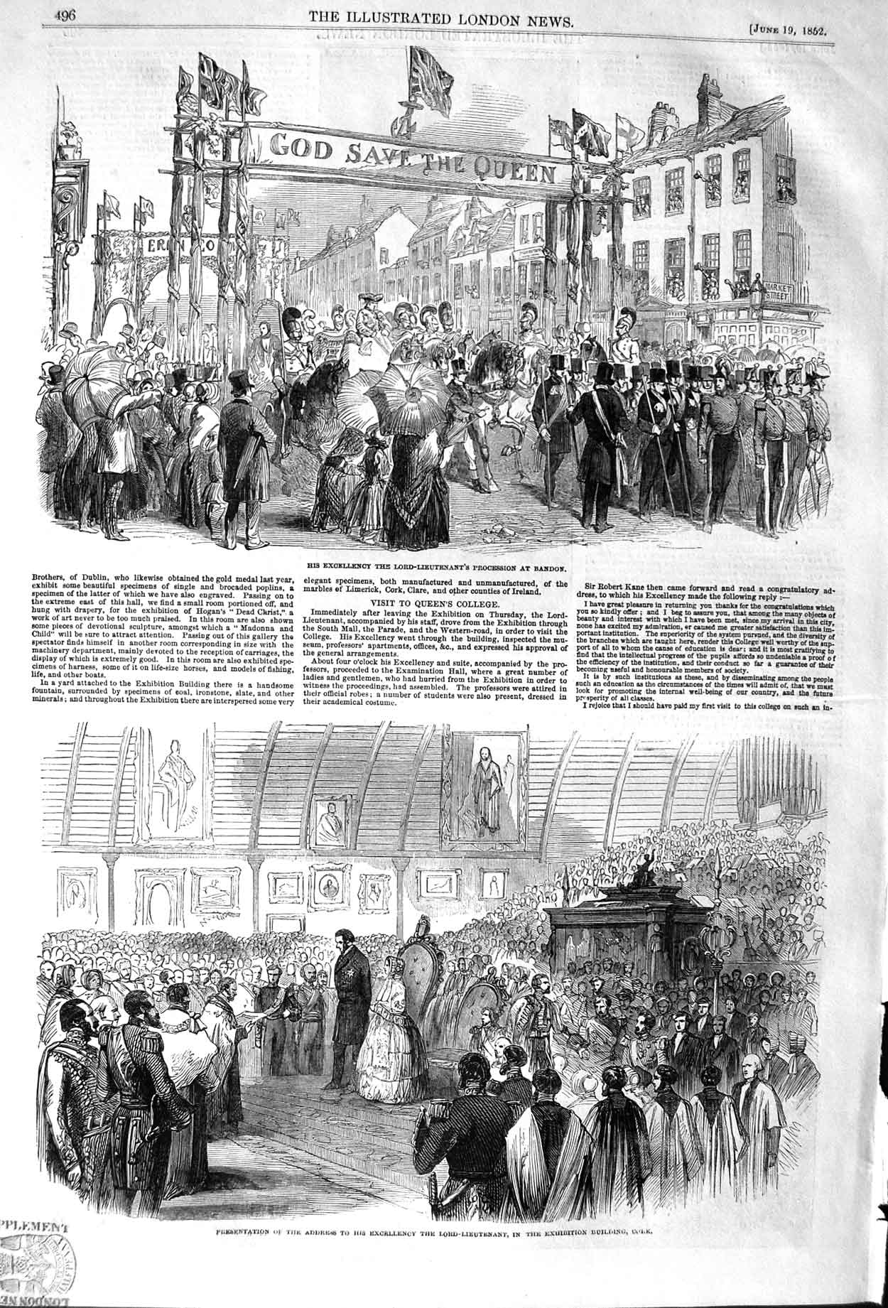 Original Old Antique Print 1852 Lord-Lieutenant Bandon Exhibition Buildi 19th