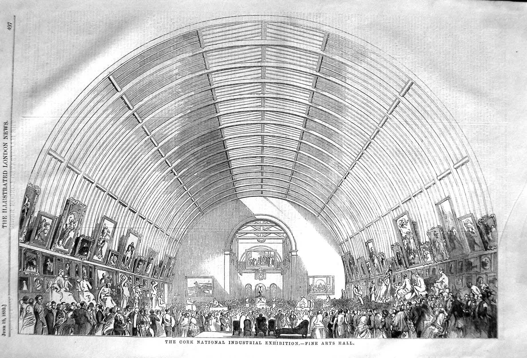 Old Antique Print 1852 Cork National Industrial Exhibition Fine Arts Hall 19th