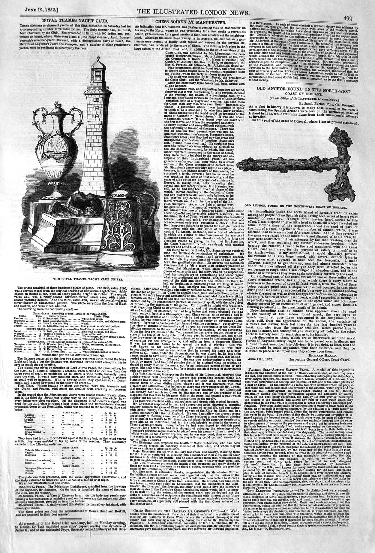 Original Old Antique Print 1852 Royal Thames Yacht Club Prizes Anchor Ireland