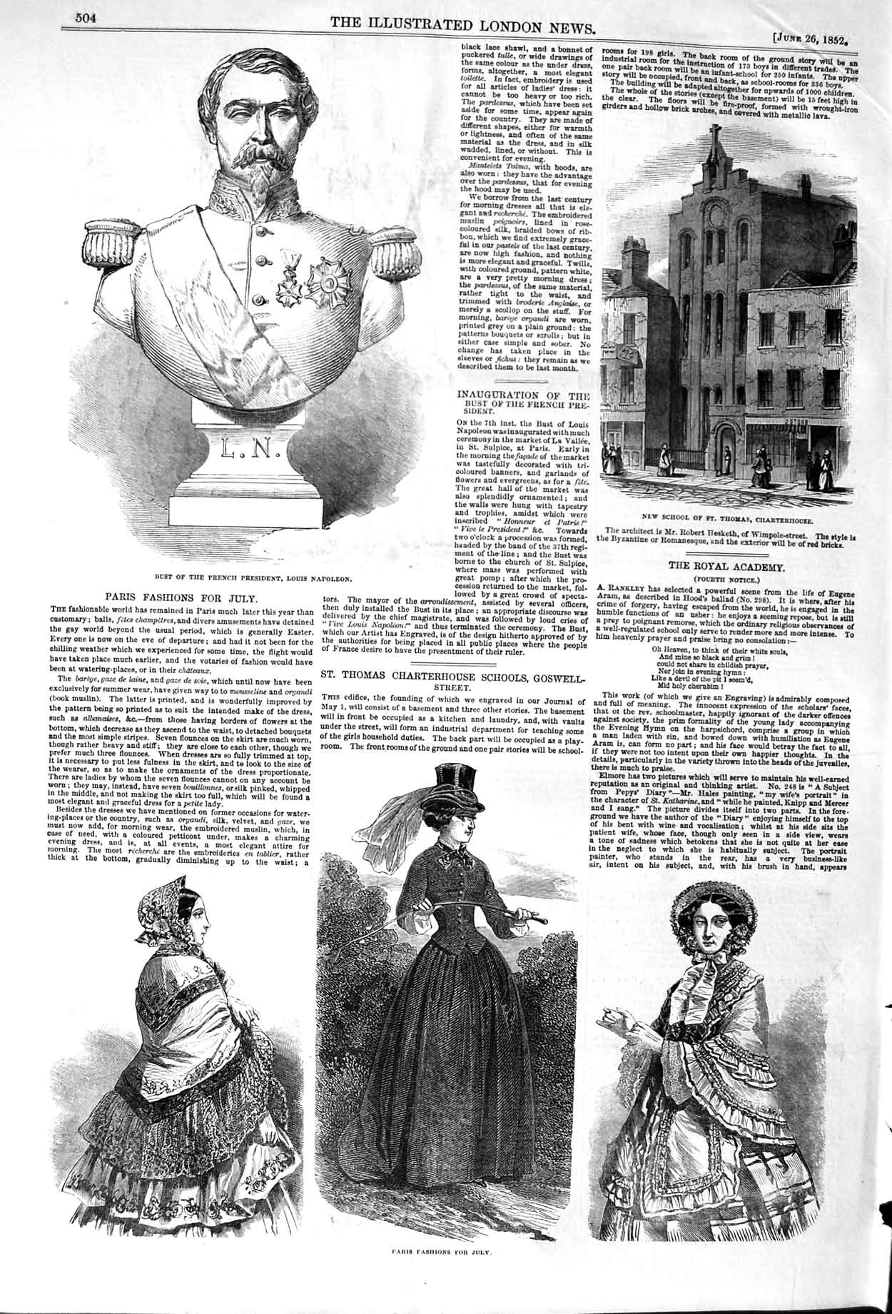 Original Old Antique Print 1852 Bust Louis Naploeon School Thomas Charterhouse