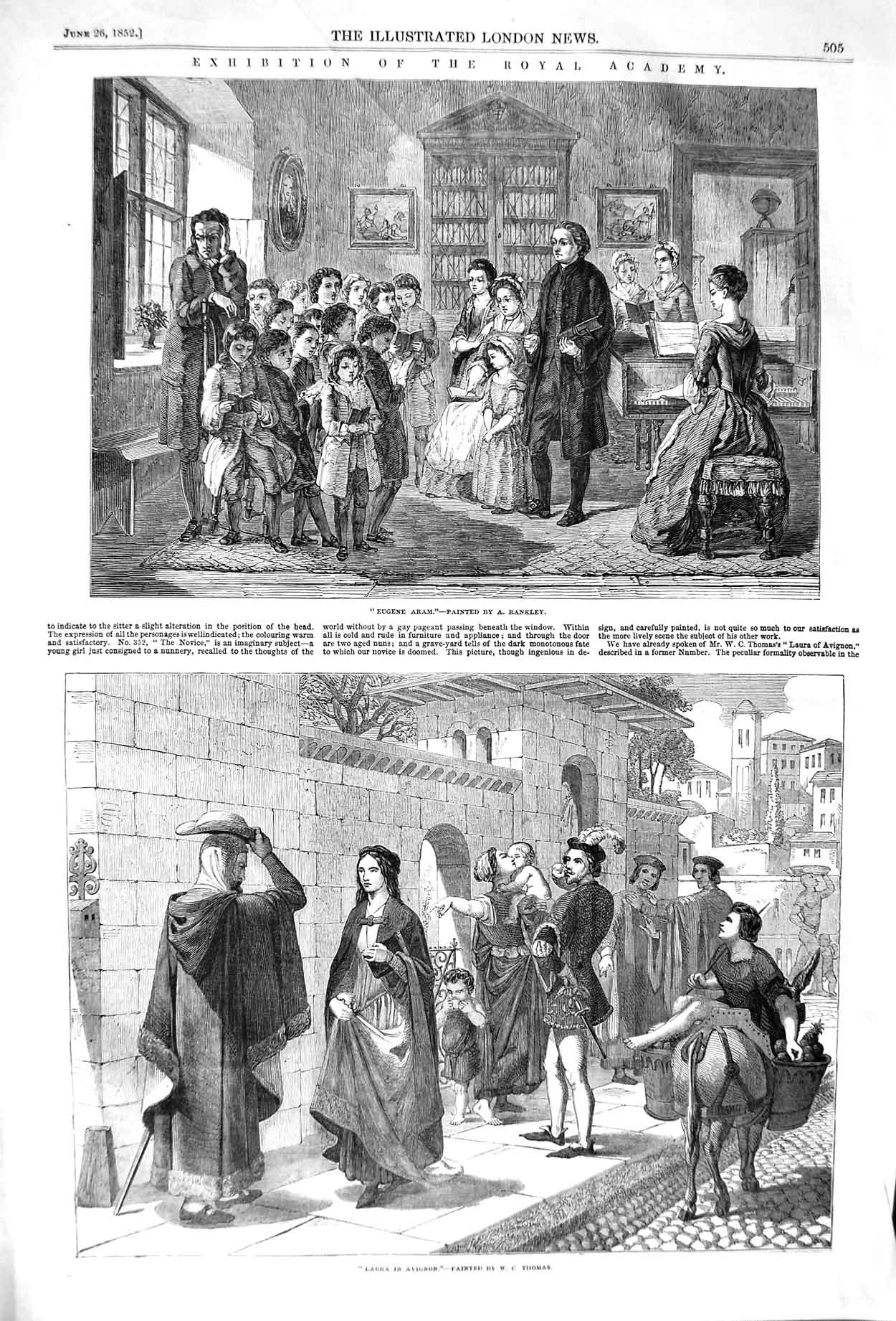 Original Old Antique Print 1852 Royal Academy Art Eugene Aram Laura Avignon