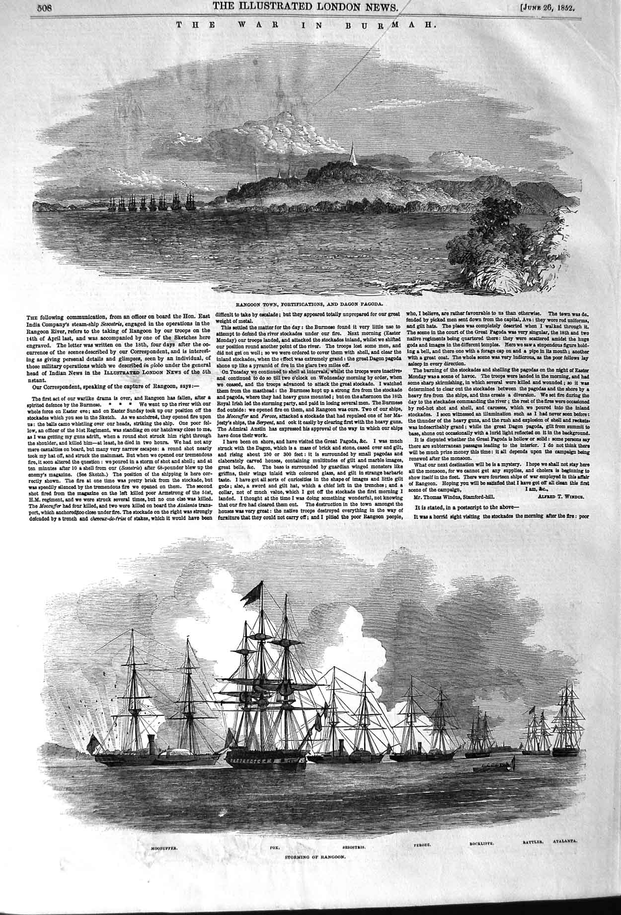 Original Old Antique Print 1852 War Burmah Rangoon Dagon Pagoda Ships Fox 19th