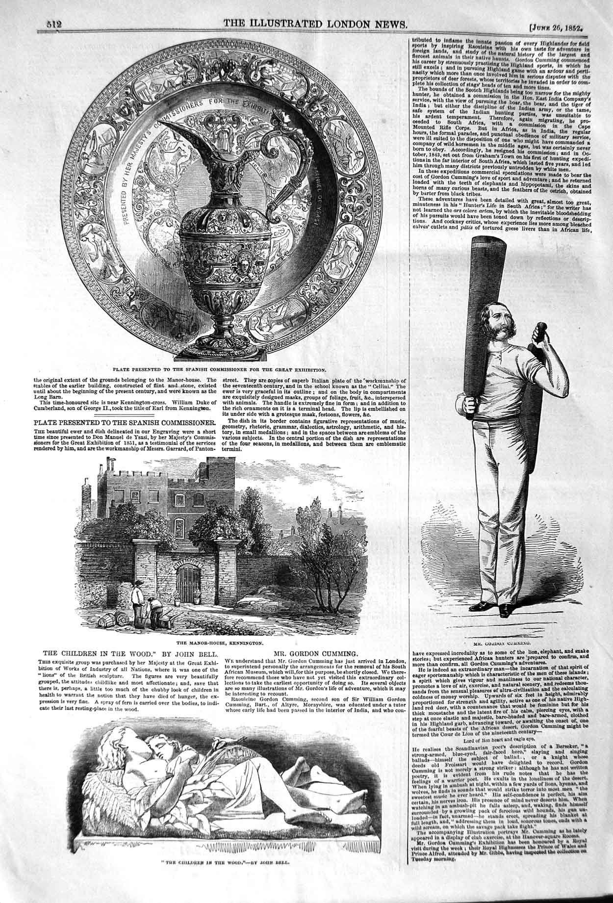 Original Old Antique Print 1852 Manor House Kennington Gordon Cumming Plate