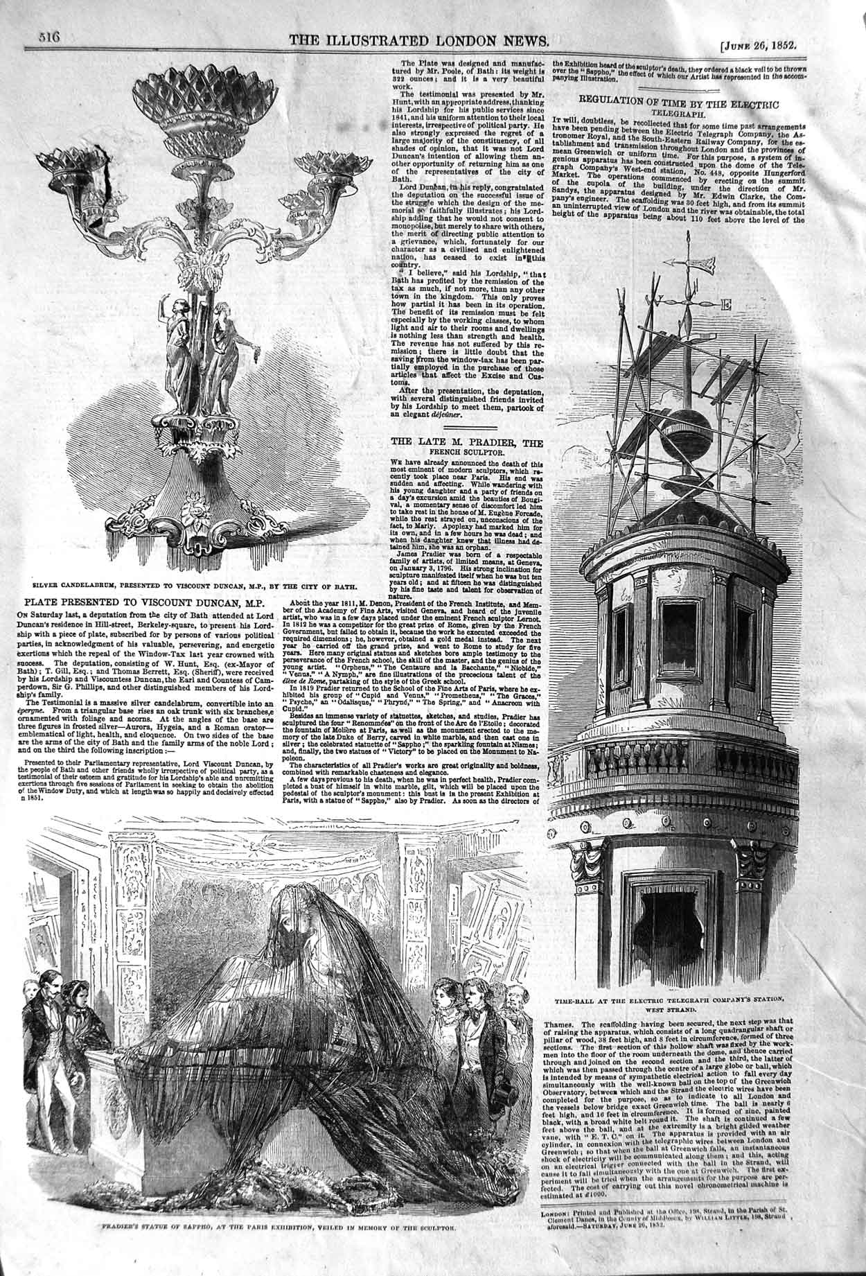 Old Antique Print 1852 Silver Candelabrum Bath Statue Electric Telegraph 19th