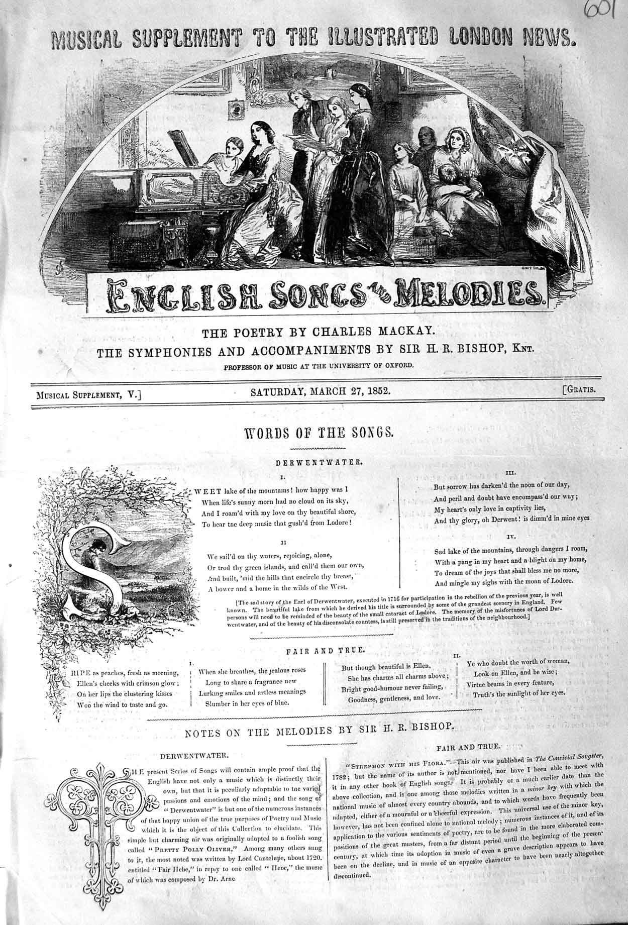 Original Old Antique Print 1852 English Songs Melodies Sheet Music Derwentwater