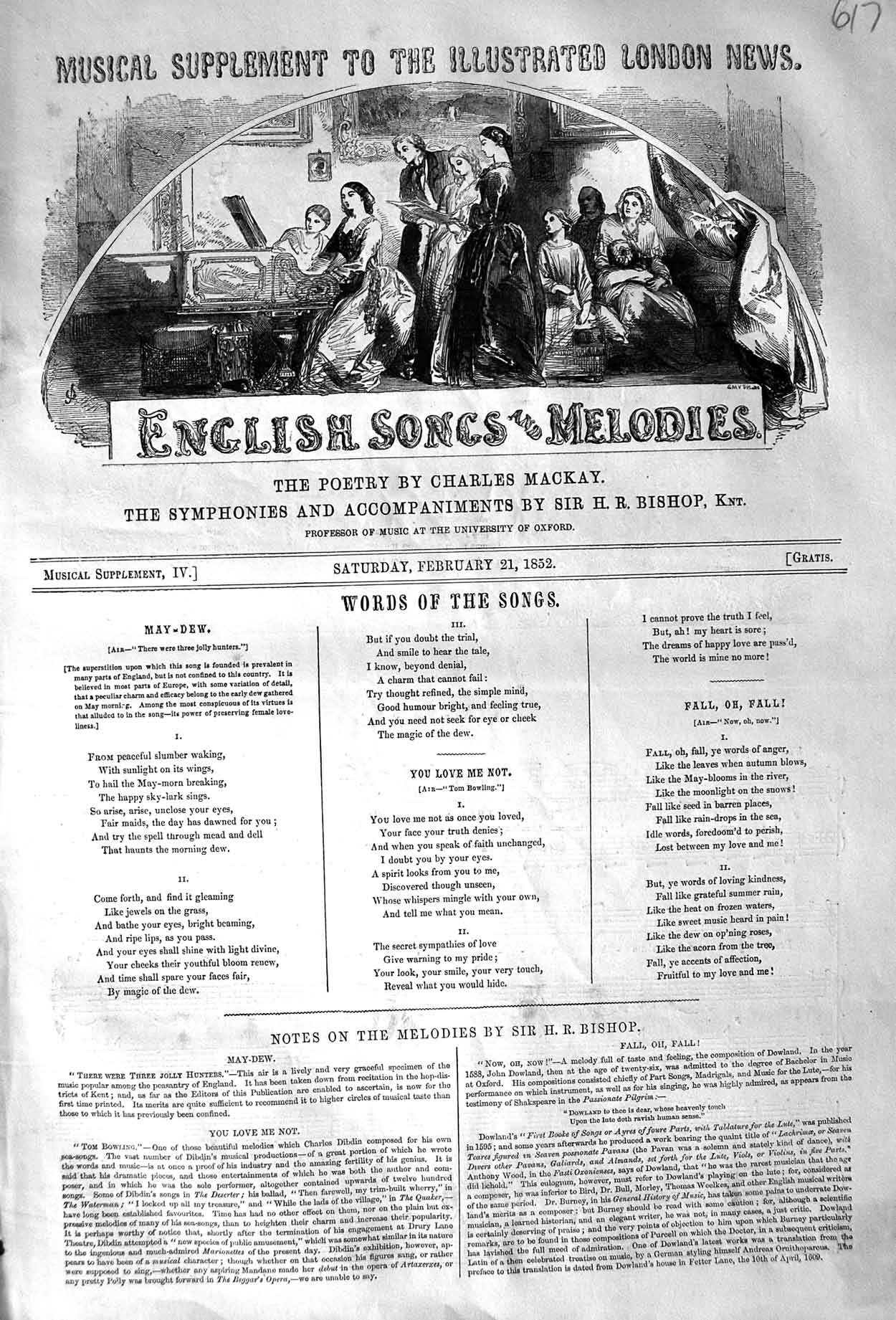 Original Old Antique Print 1852 English Songs Melodies Sheet Music May-Dew Love